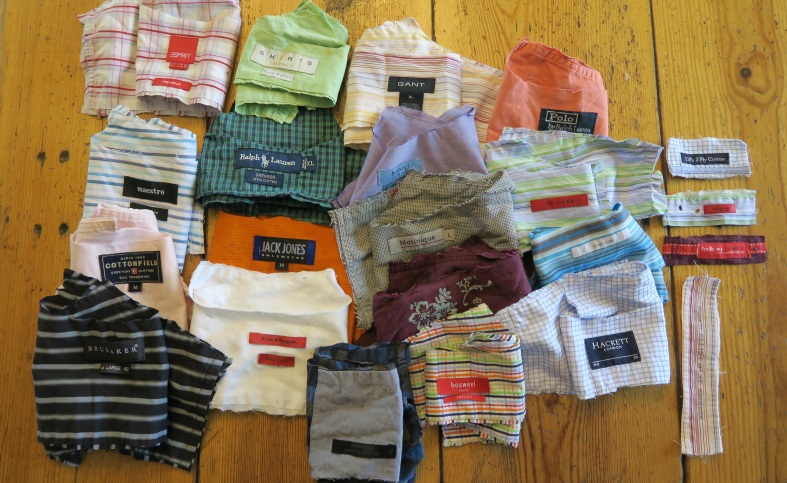 These are the interesting labels from the back facings of the shirts and/or or plackets. I plan on using them in a quilt.