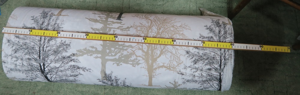 This will be backing. I loved the trees as it makes a completely "neutral" charity quilt! Plus, I just like the trees. They re quite large, however. This fabric is about 62" wide, so you can see that those trees are probably 12" across.