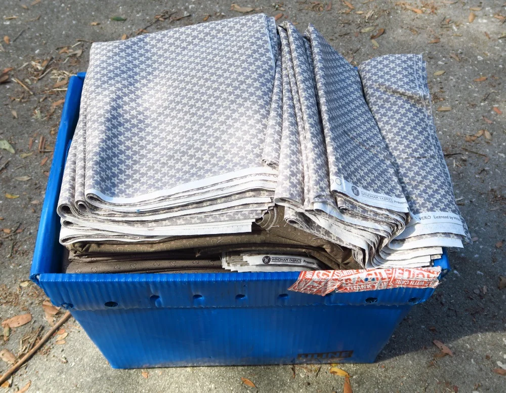 A tote full of FQ pieces ready to sort and pack up