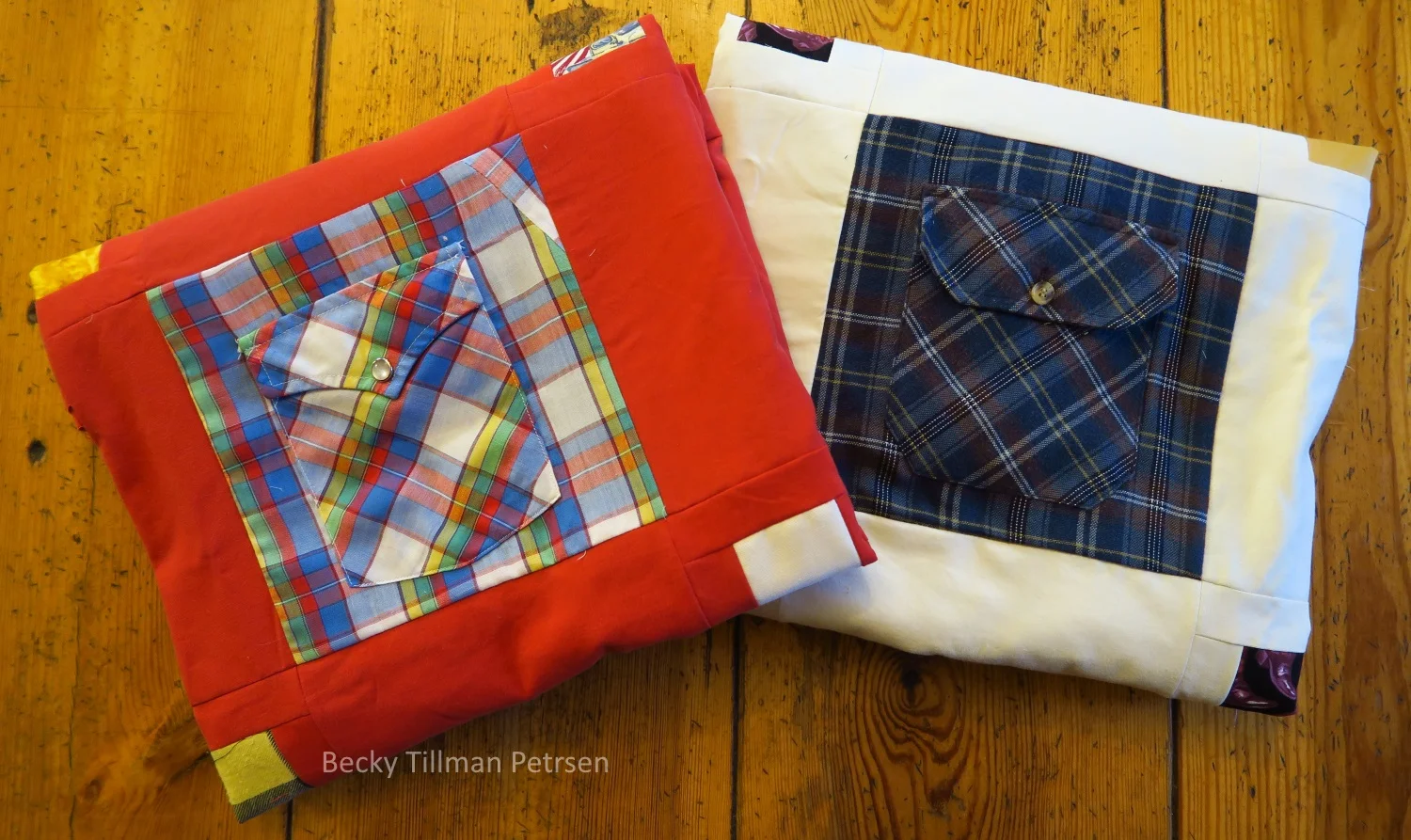 You can see on the upper right corner of the left shirt's pocket where I had to add a section of fabric in order to make it a full 8.5" wide. I didn't even try to match the plaids as I was working with leftovers and didn't have enough fabric to do that. So, I just "gloried in the diversity" and sewed a piece on - not worrying about matching plaids or even directions of the print. I had to do it several times on several pockets for these two tops.