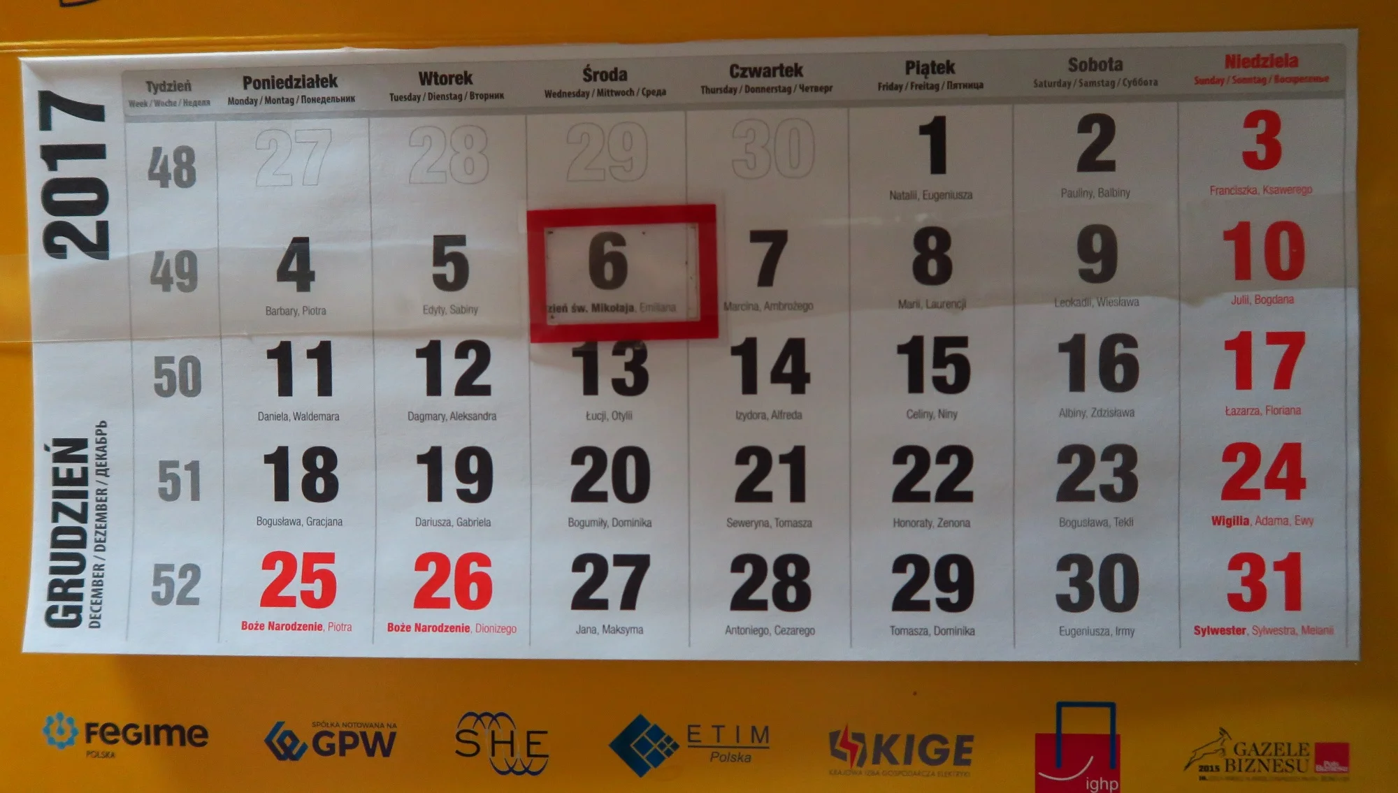 This is a calendar I was given - well, part of it, anyway. The names under the date are the names of the people who have name days -a kind of celebration that many older people celebrate instead of birthdays.