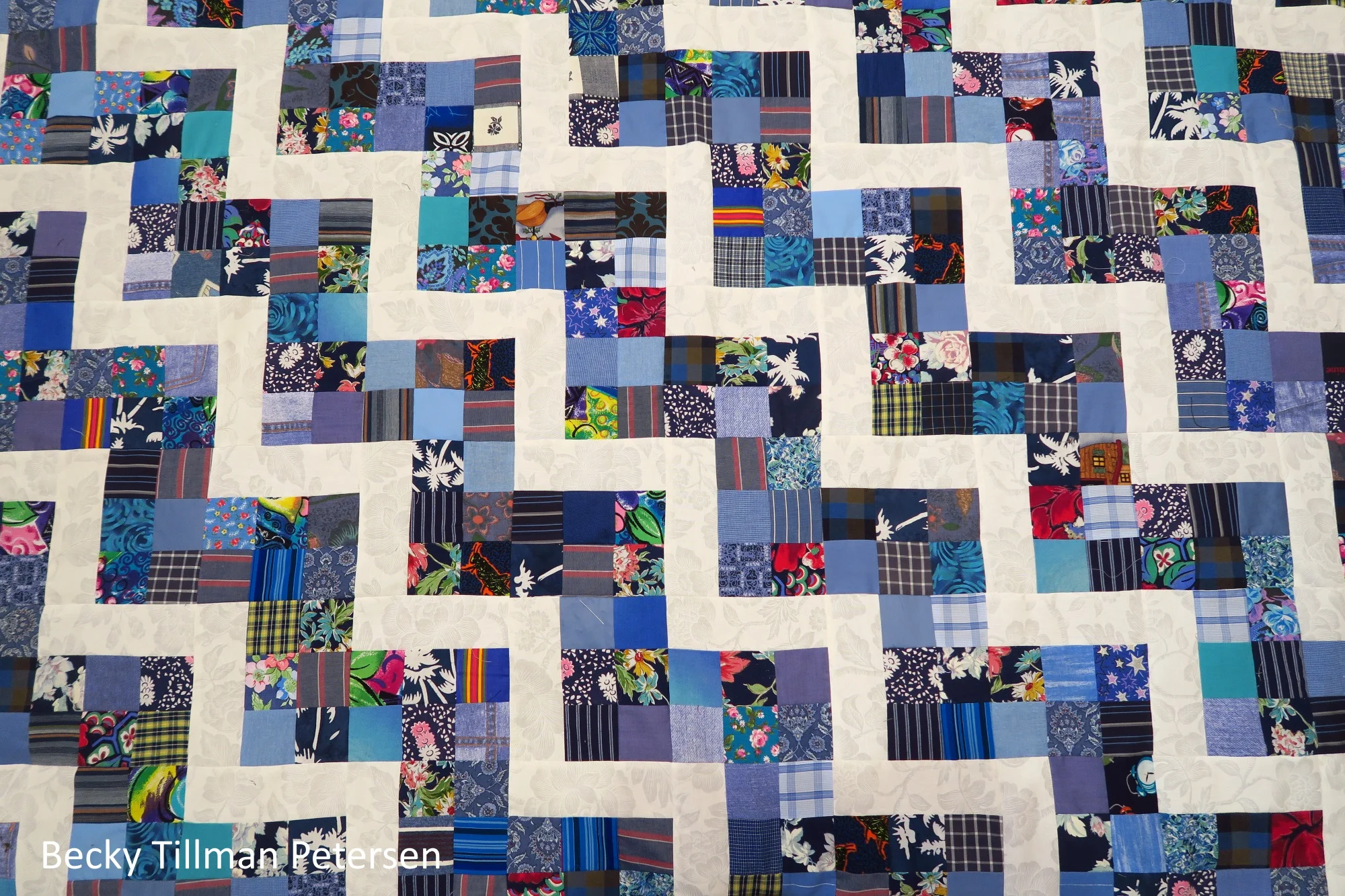 "Scrappy Rail Fence" top finished - Upcycled blues #6