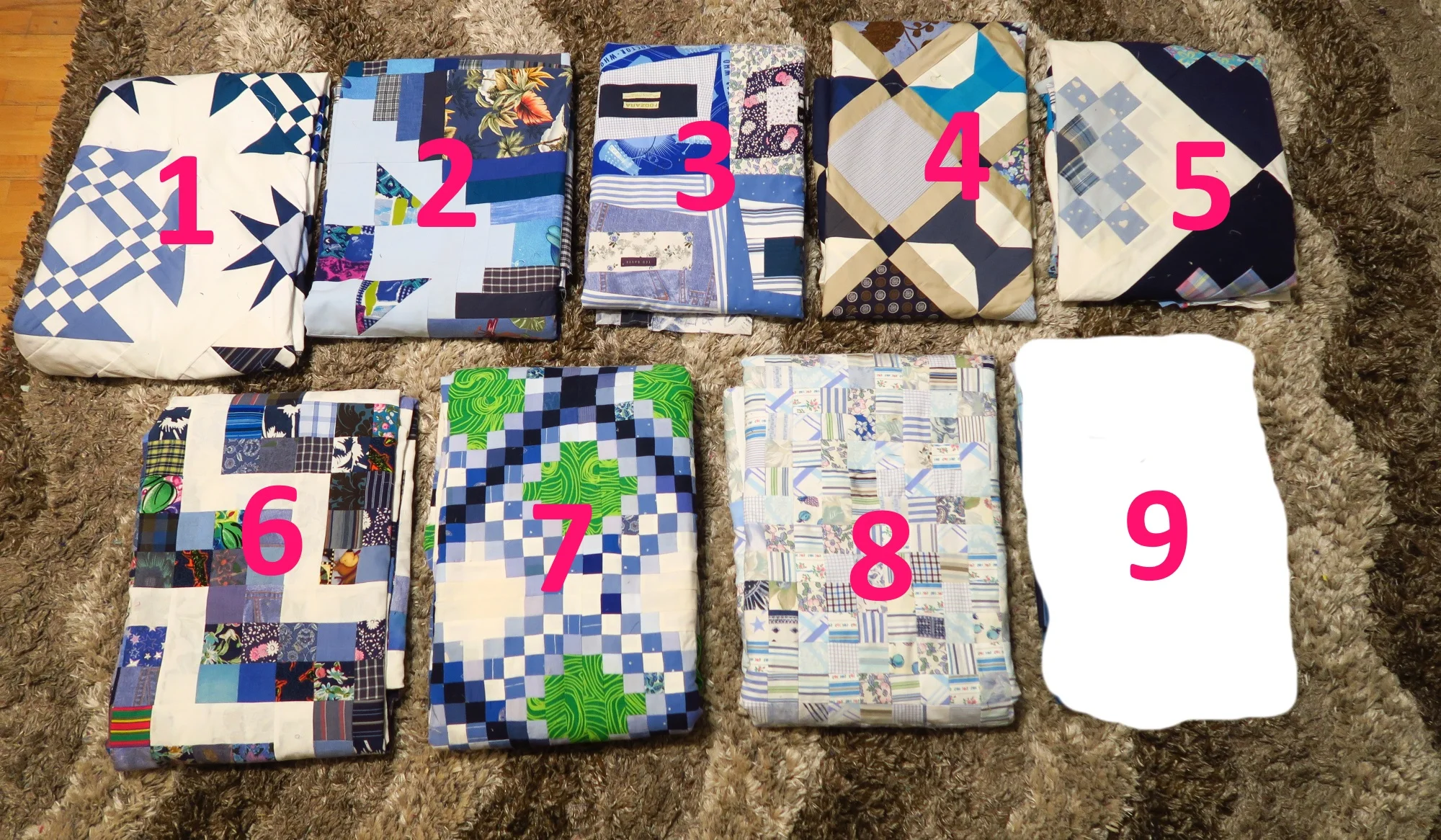 from upper left - 1. Starring Monkey Wrenches, 2. Periscope, 3. Premium Labels, 4. Peek a Boo, 5. Granny's Checkerboard, 6. Scrappy Rail Fence, 7. Triple Irish Delight, 8. Made Ya Look - at Blues, 9. not revealed yet. All of these are from all upcycled materials. I'm working on getting the backings put together, also from all upcycled materials.