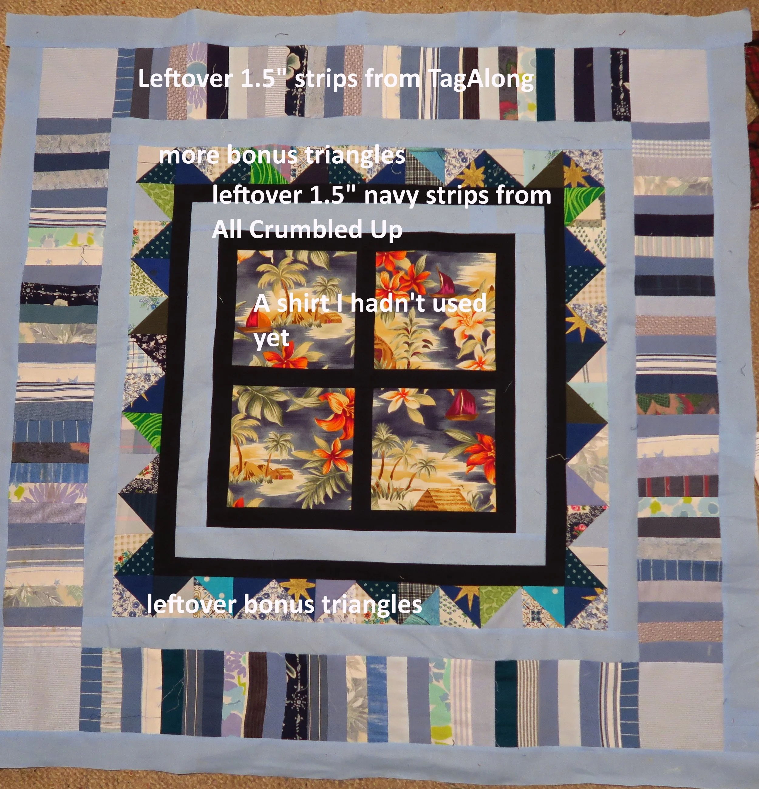 At this point it's not all that big. I'm getting ready to add a few more rounds. A day later.... Let me show you the next step in this process. After I met my charity quilt goal (for the day), I worked on this one quite a bit. I am definitely going to be able to use up all the larger "bonus triangles" that I had. 