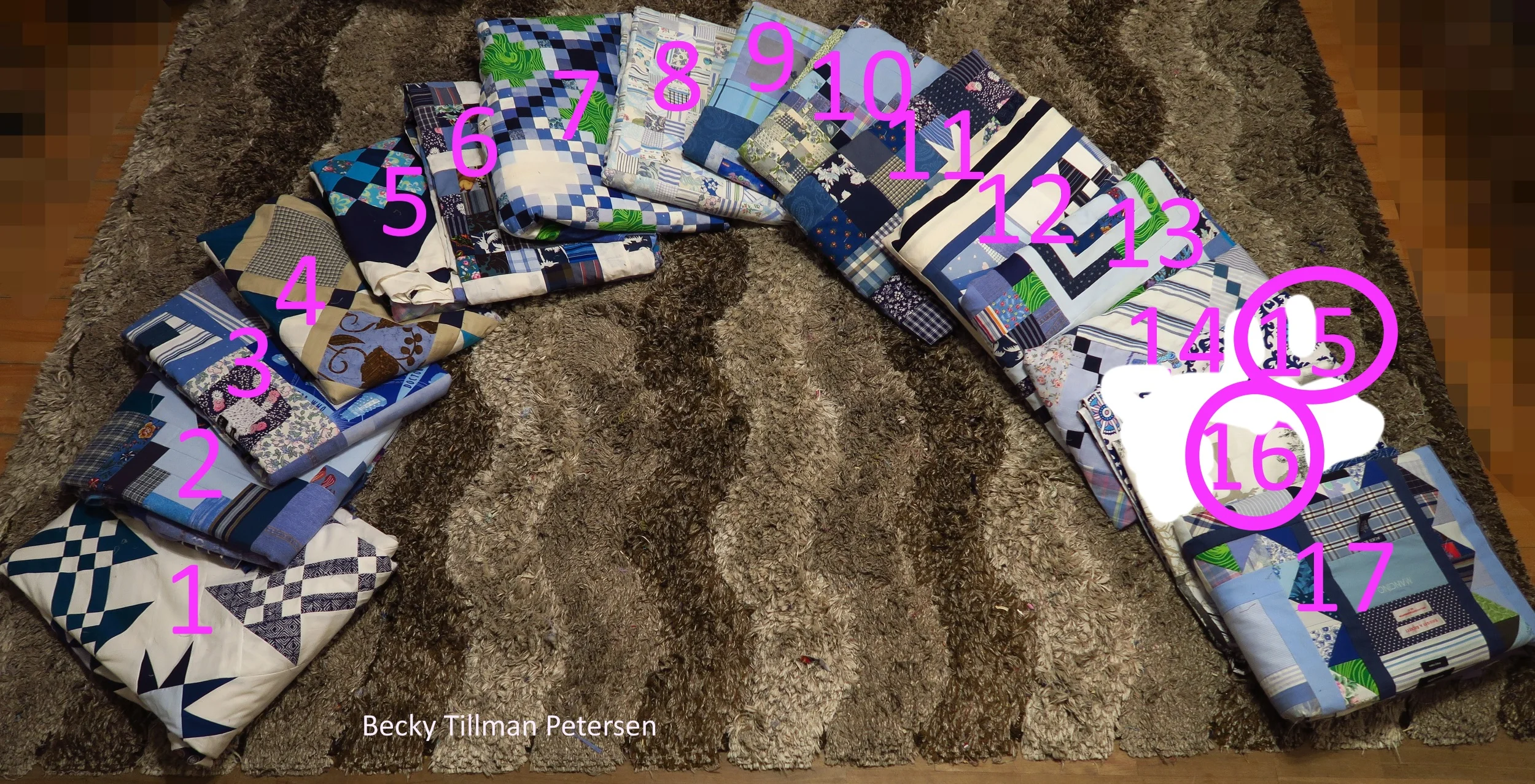 From left - 1. Starring Monkey Wrenches, 2. Periscope, .3. Premium Labels, 4. Peek A Boo, 5. Granny's Checkerboard, 6. Scrappy Rail Fence, 7. Triple Irish Delight, 8. Made Ya Look - at Blues, 9. .Frisky Boxes, 10. Double Star Beauty, 11. Starry Night, 12. All Crumbled Up, 13. Tag Along, 13. Simple Chains, 15. TBA, 16. Under construction on the weekends, 17. The Kitchen Sink
