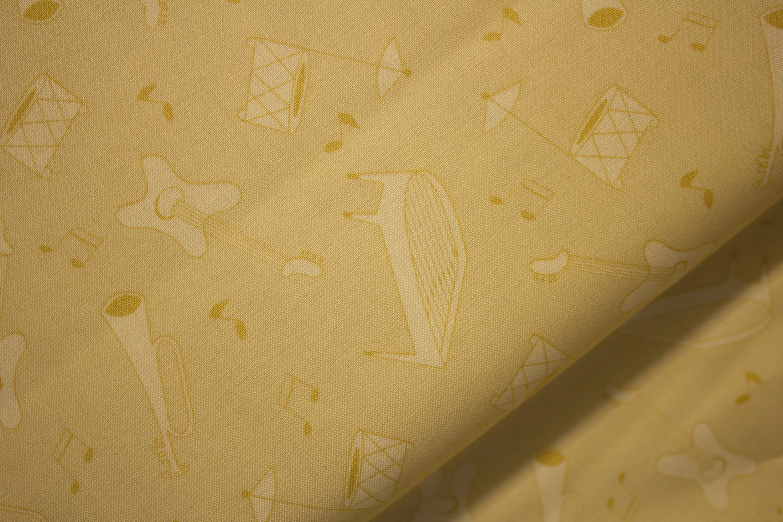 Bessie and the Daryinettes: Musical Instruments on Light Tan for Andover Fabrics