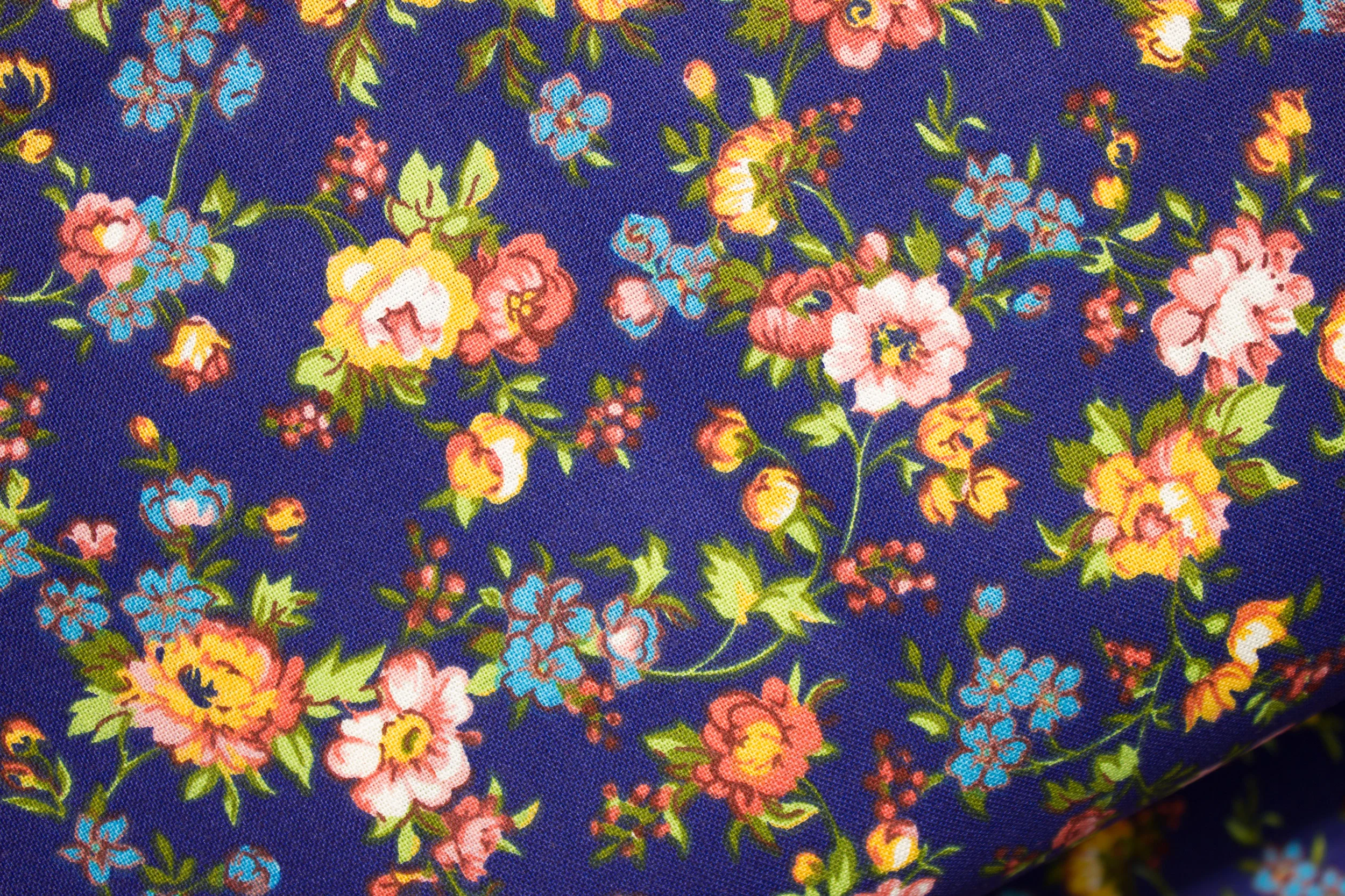 Country Floral - Red, Orange, Yellow and Blue Flowers on Navy