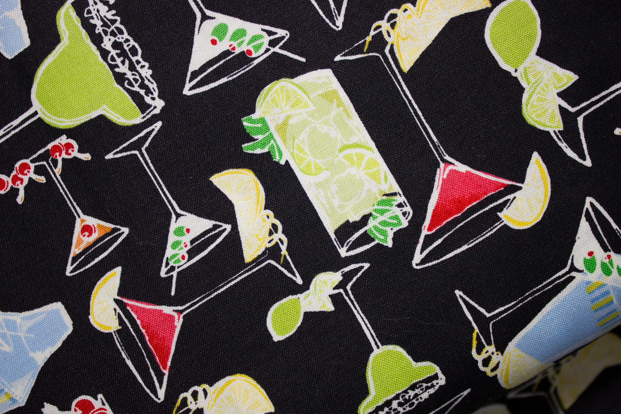 Happy Hours - Beverages on Black for Ink & Arrow Fabrics Discount Cotton Quilting Fabric by the Yard