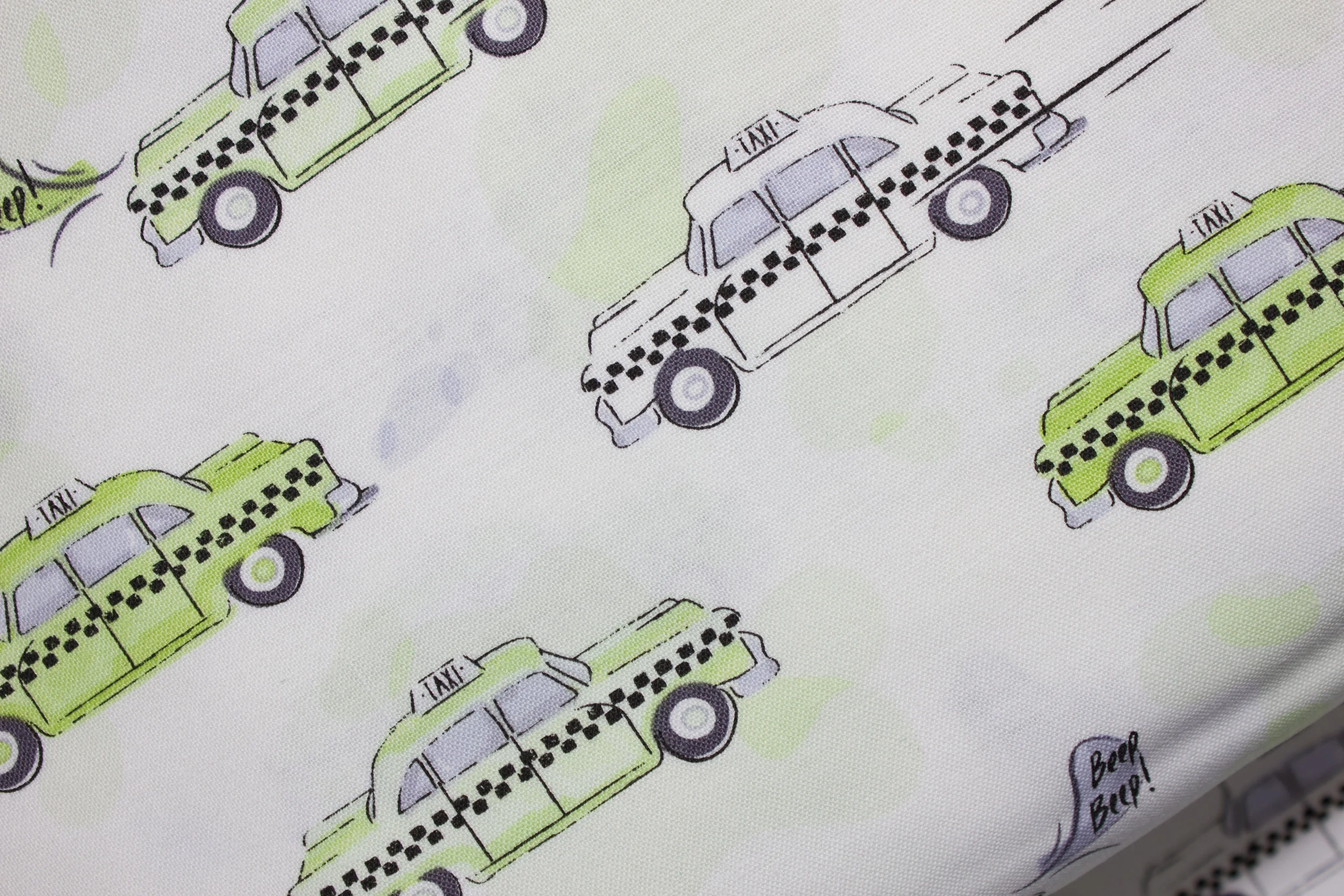 Green and White Taxi Cabs: City Life for Ink and Arrow Fabrics