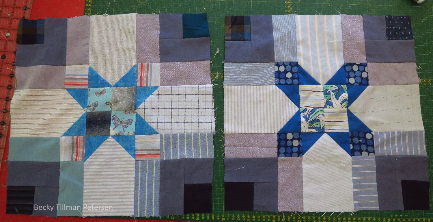 The two constants in this one were the dark grayish blue that I used as the "middle round" and the royal blue sashing. For the rest I used a very, very light blue - almost white as the background forming the sort of arrow/star points and then various blues for the "outer round" of the quarter log cabin. The center blocks and star points were all quite varied.