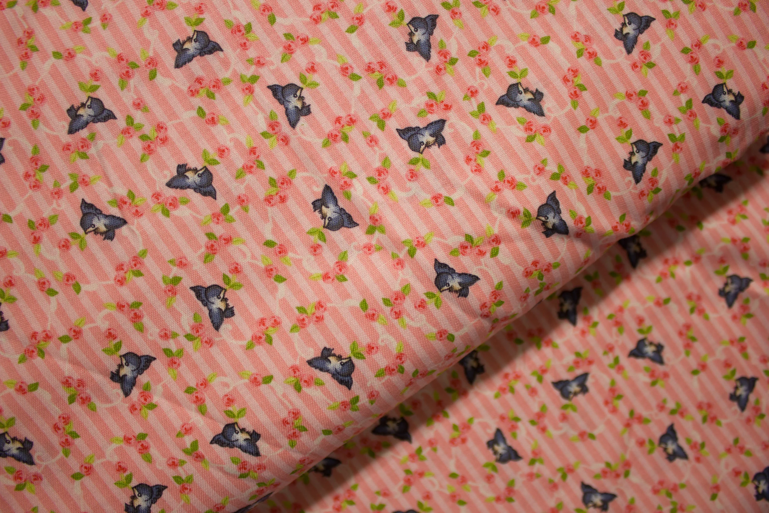 Pink and Light Pink Stripes with Bluebirds Ringed around with Roses: Kewpie Cuties for Riley Blake