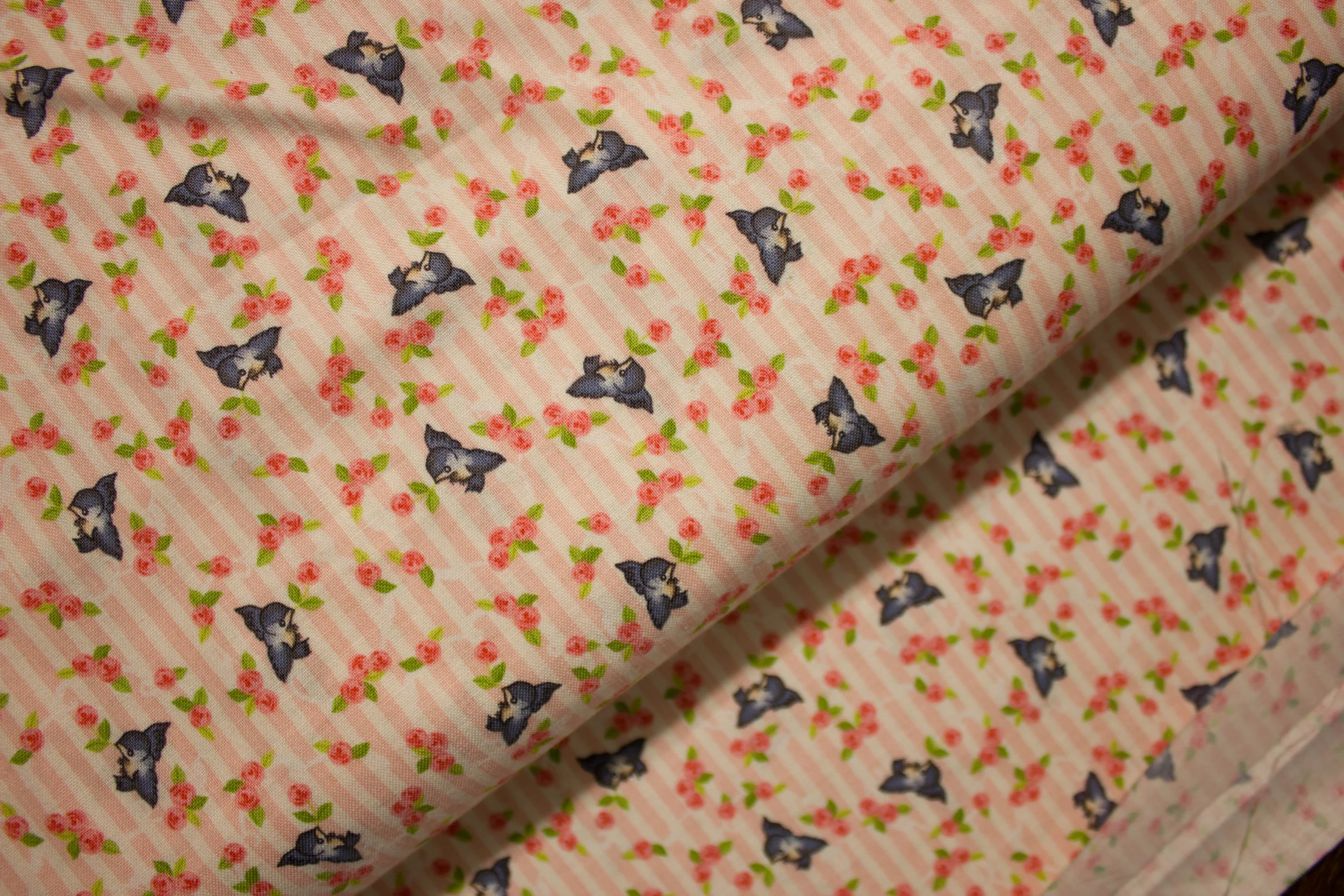 Light Pink and White Stripes with Blue Birds Ringed around with Roses: Kewpie Cuties for Riley Blake