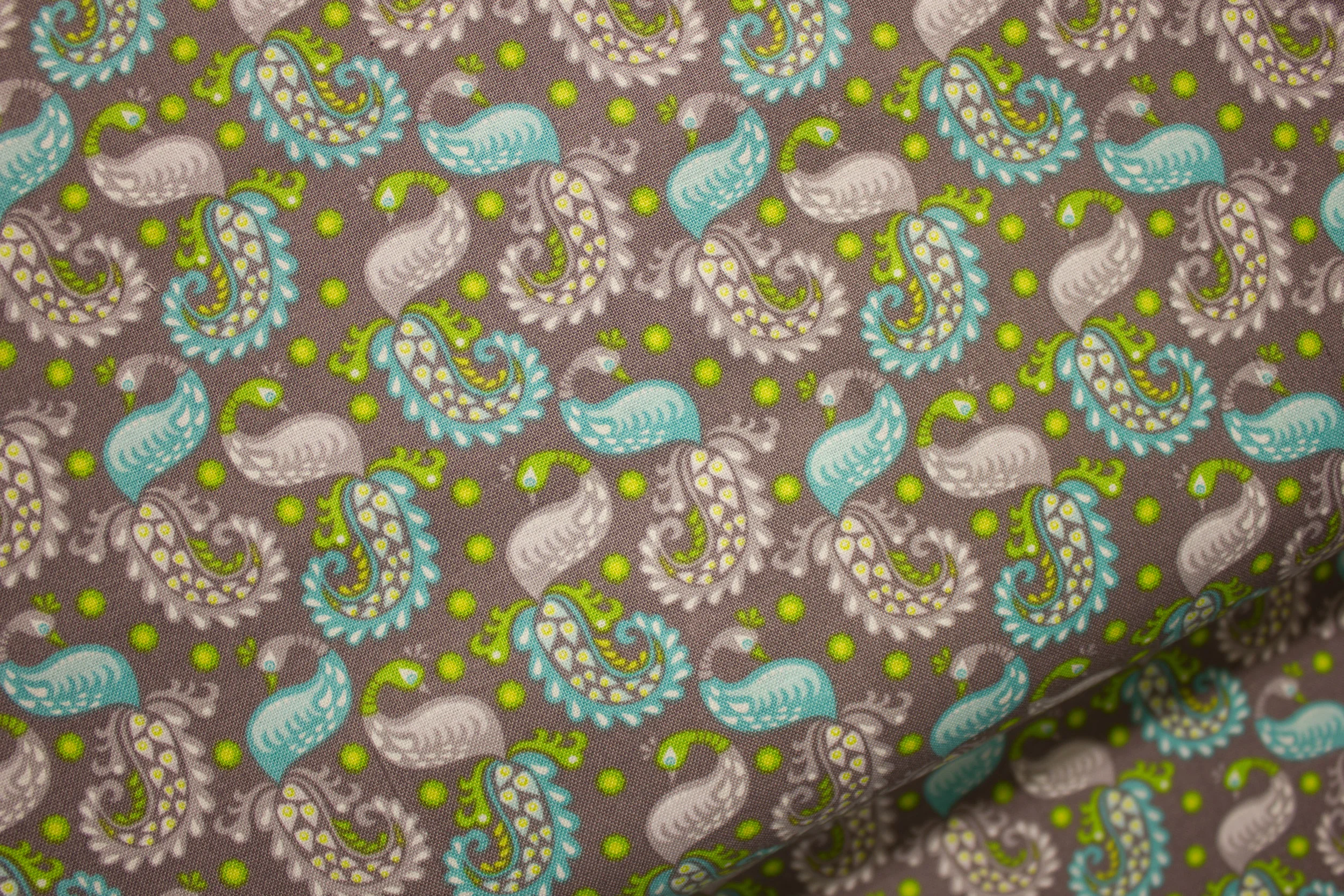 Greens, Teal, and Gray Triangles with Purple Dots and White Flower: Flit and Bloom for Riley Blake