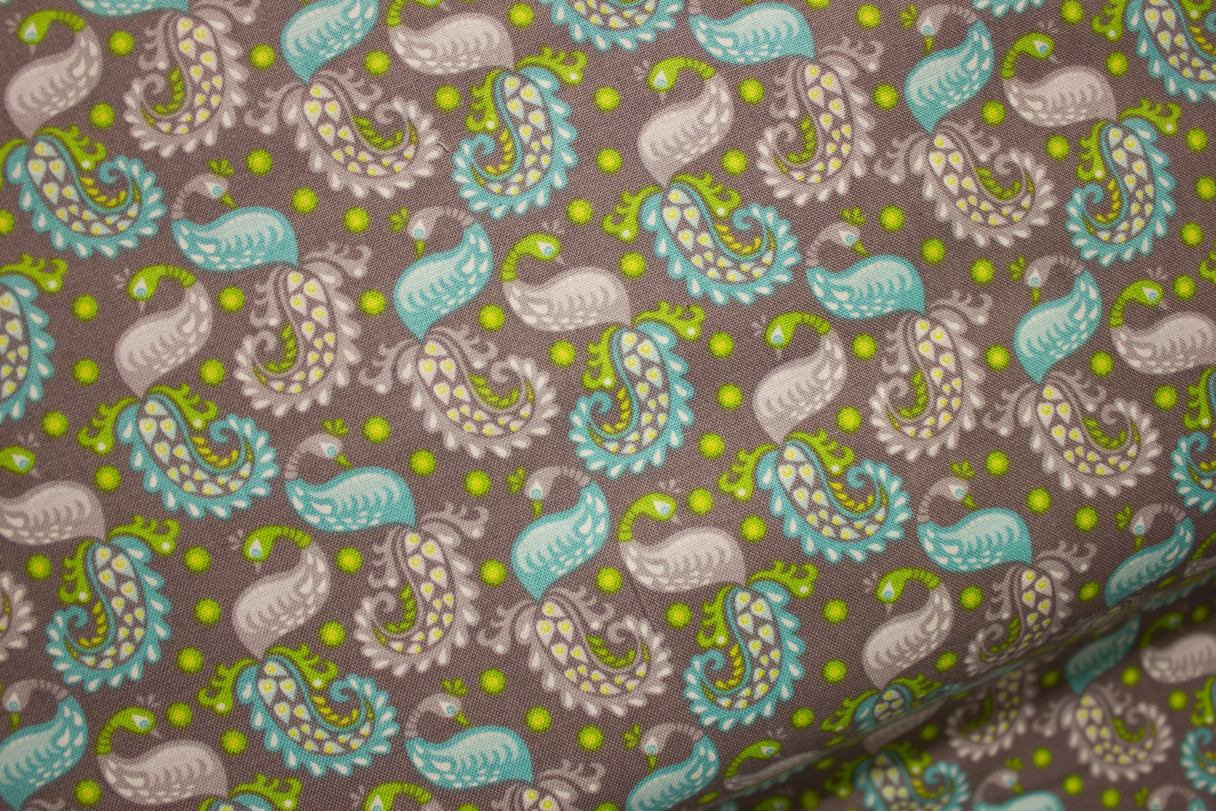 Slate Gray with Lighter Gray, Turquoise, and Lime Green Stylized Peacocks: Flit and Bloom for Riley Blake