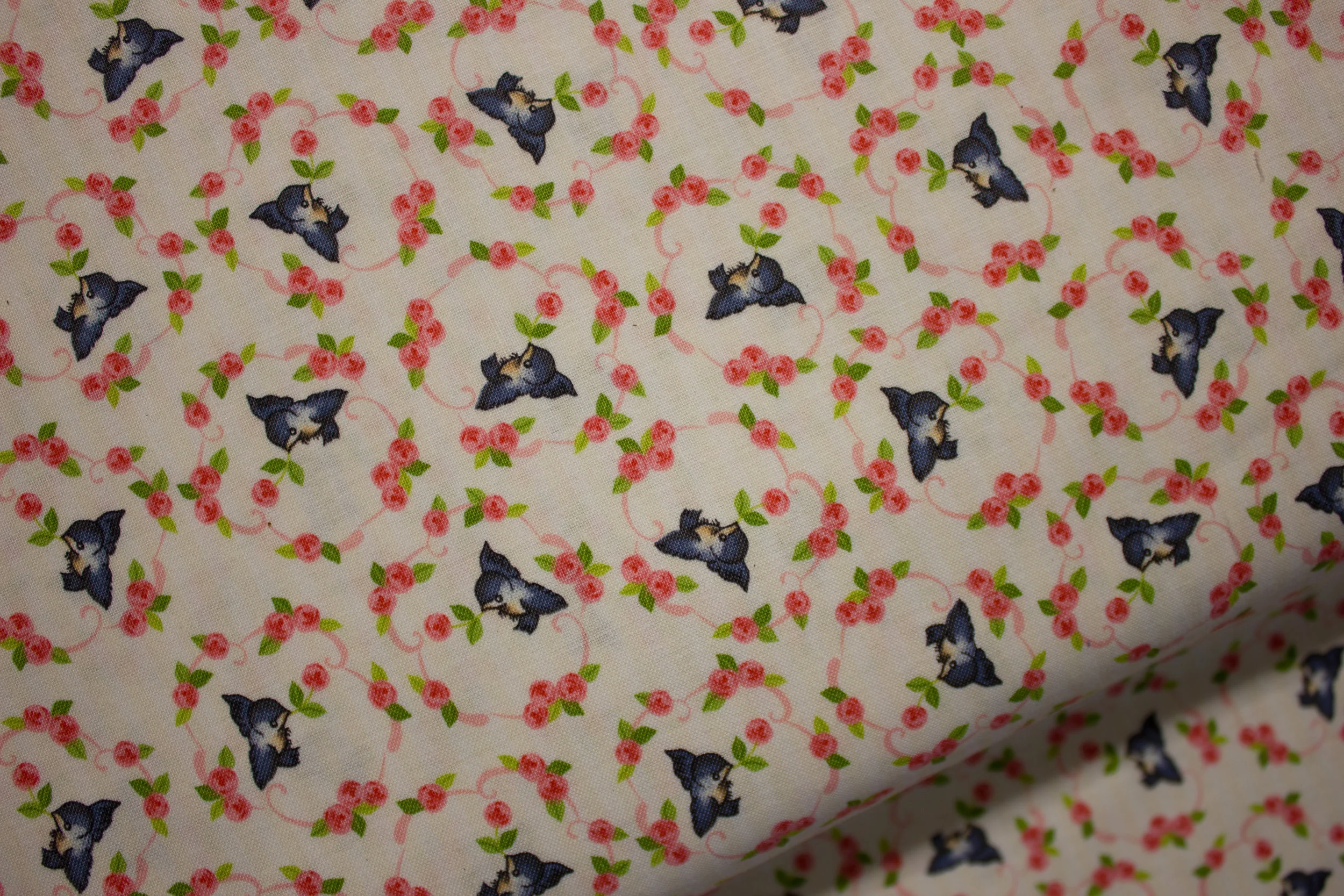 Blue Birds Ringed Around with Flowers on White and Cream Stripes - Kewpie Cuties for Riley Blake