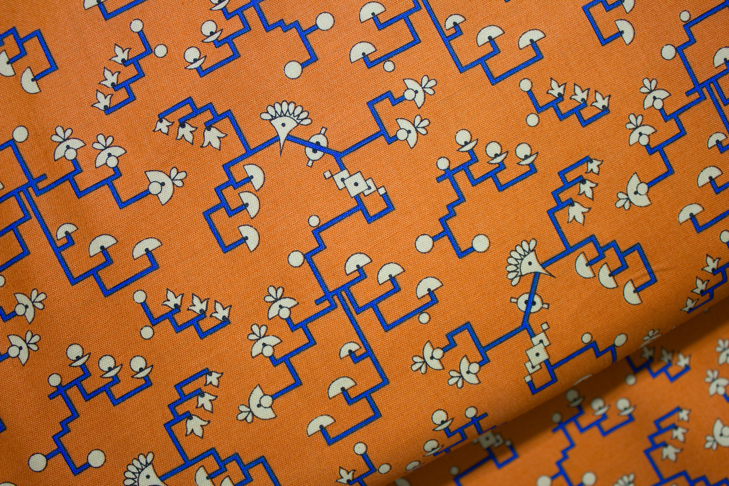Orange with Blue Lines and Tan Stylized Flowers Egyptian Pattern: Downton Abbey for Andover