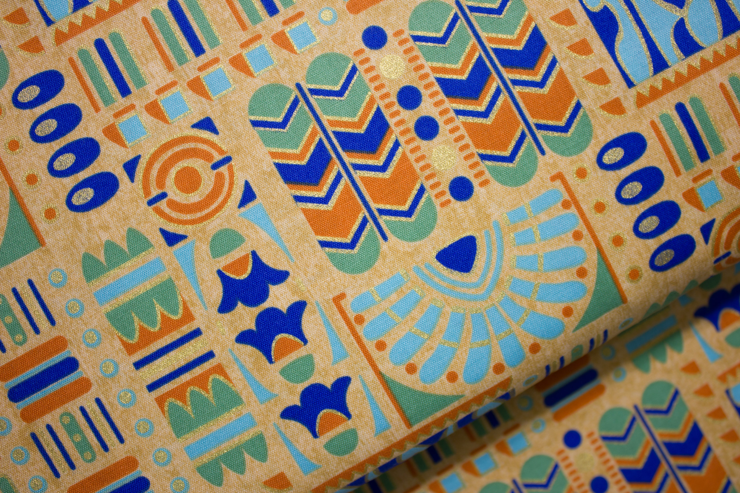 Egyptian Motifs in Teal, Blue, Orange, and Gold Shimmer on Tan: Downton Abbey for Andover
