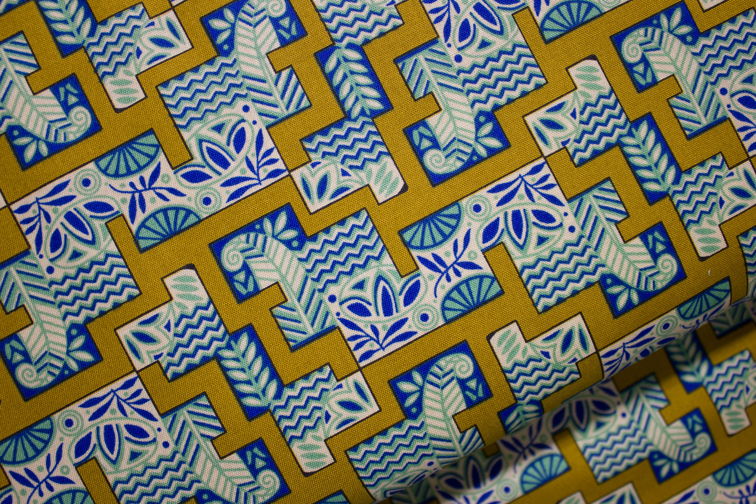 Blue, Teal, and Cream Stylized Water and Plants on Olive Green: Egyptian Pattern Downton Abbey for Andover