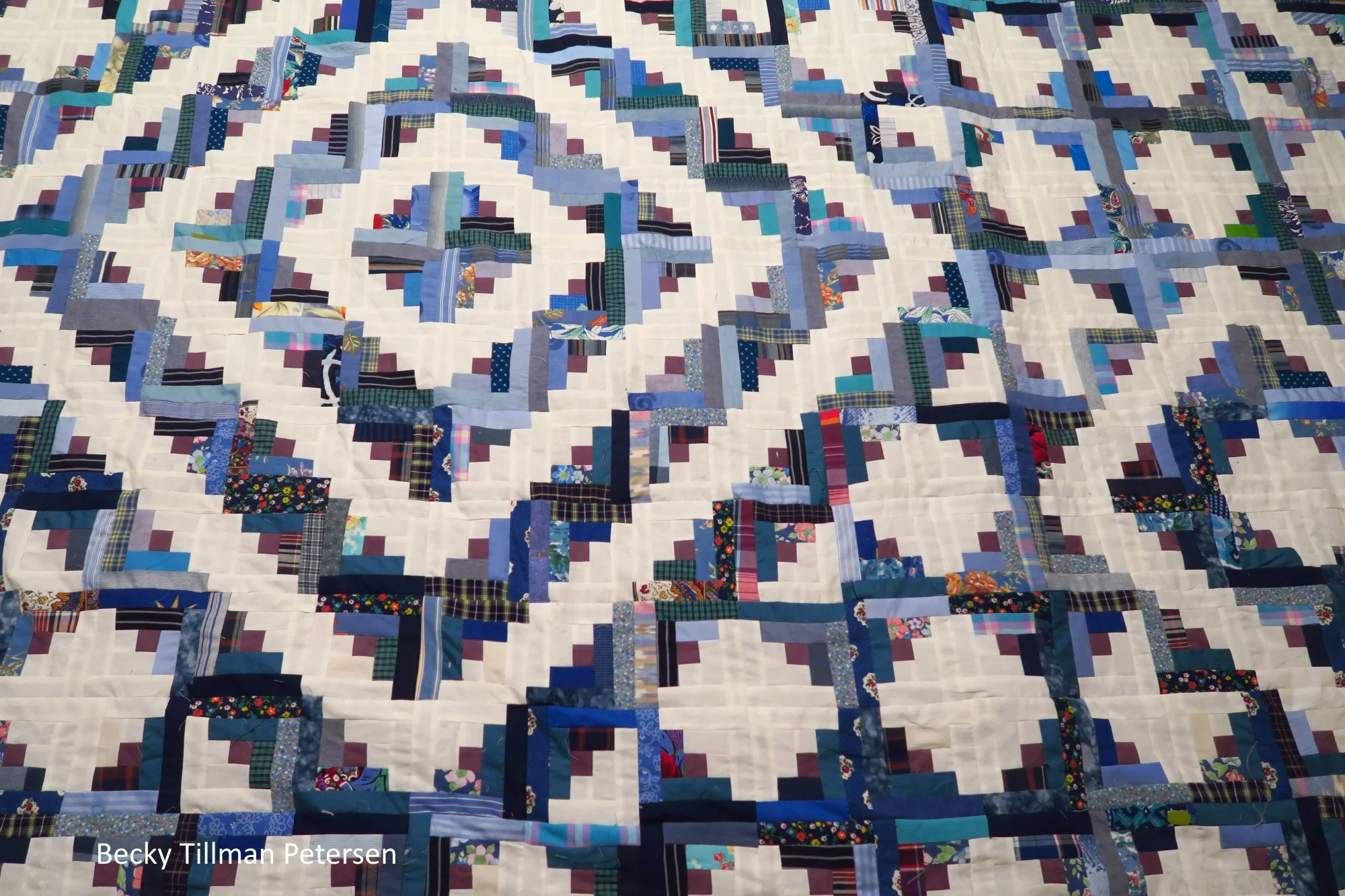 "Log Cabin Echoes" - upcycled blues #39 top finished