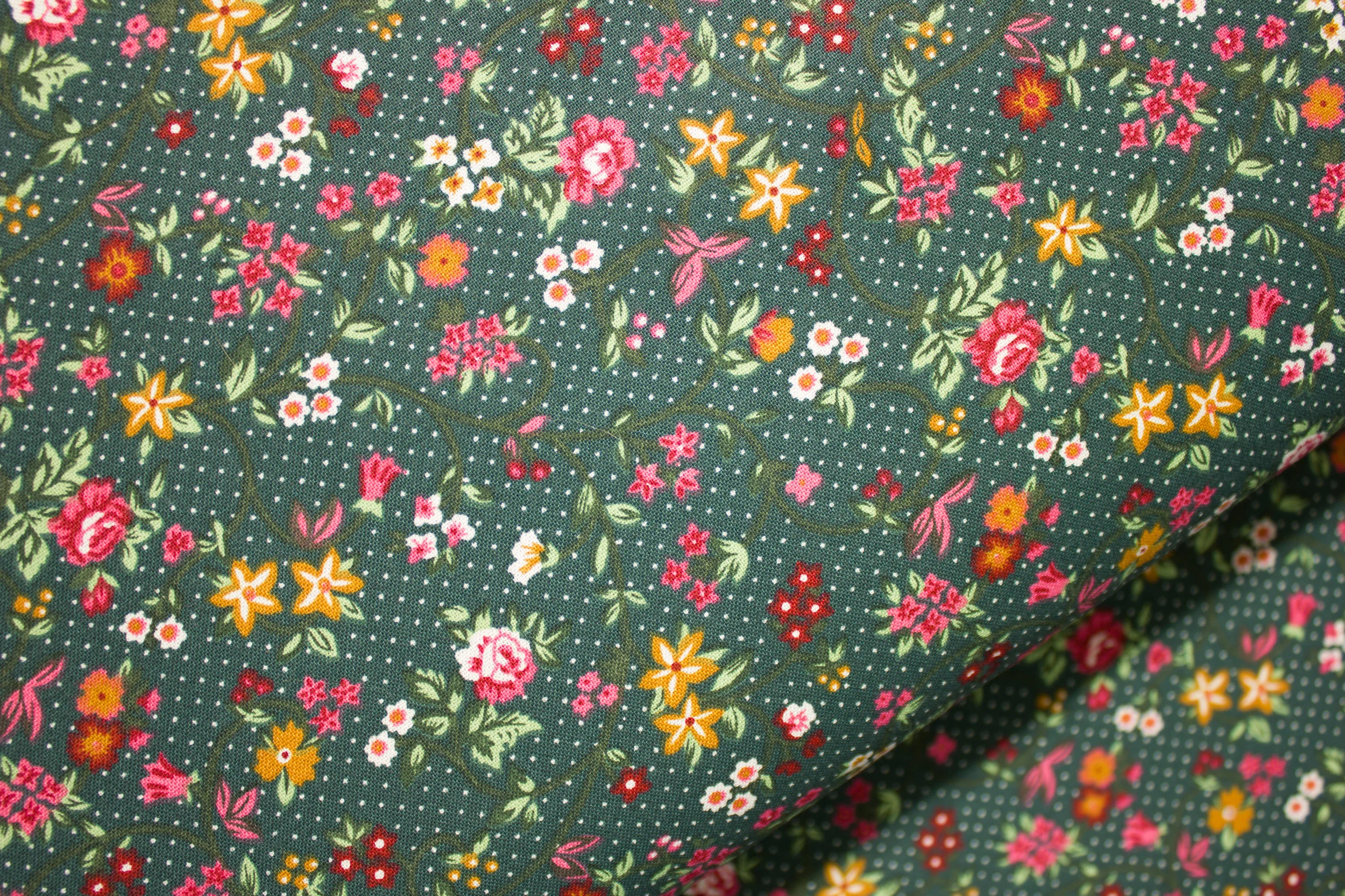 Pink, Burgundy, Gold, and White Flowers on Hunter Green Background with White Dots - Country Floral