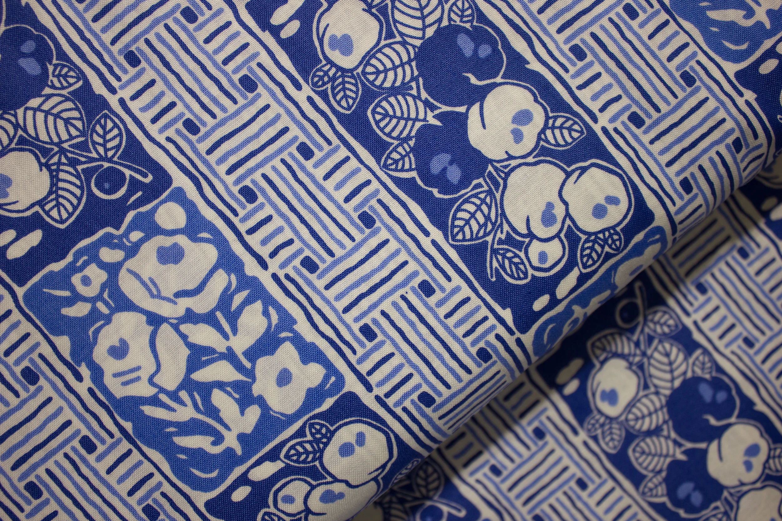 White and Blues Flowers and Basket Weave Stripes: Lady Rose Downton Abbey for Andover