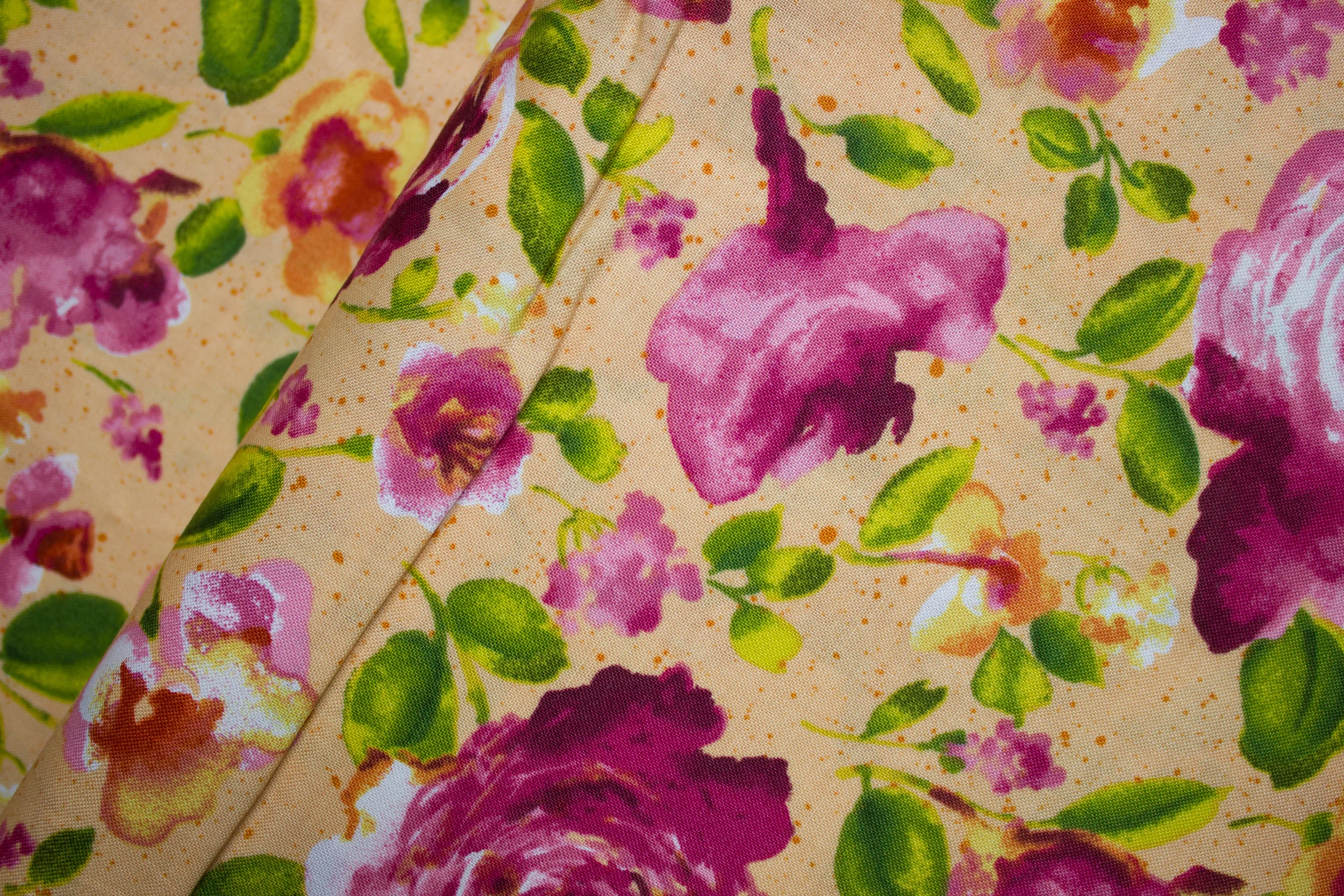 Ambrosia by Jennifer Young - Pink and Gold Flowers on Peach- for Benartex