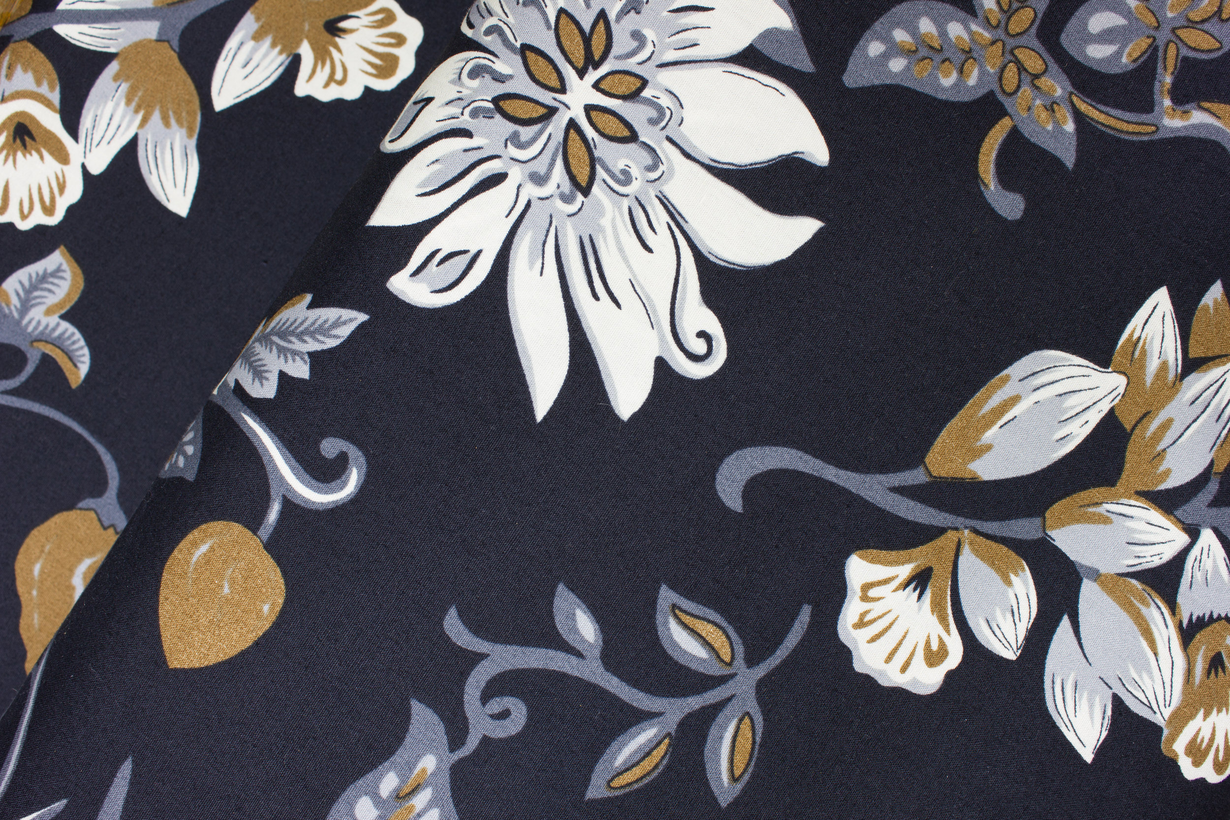 Black with Gray, Off White, and Brown Large Flowers and Leaves: Canopy Cove for Hoffman