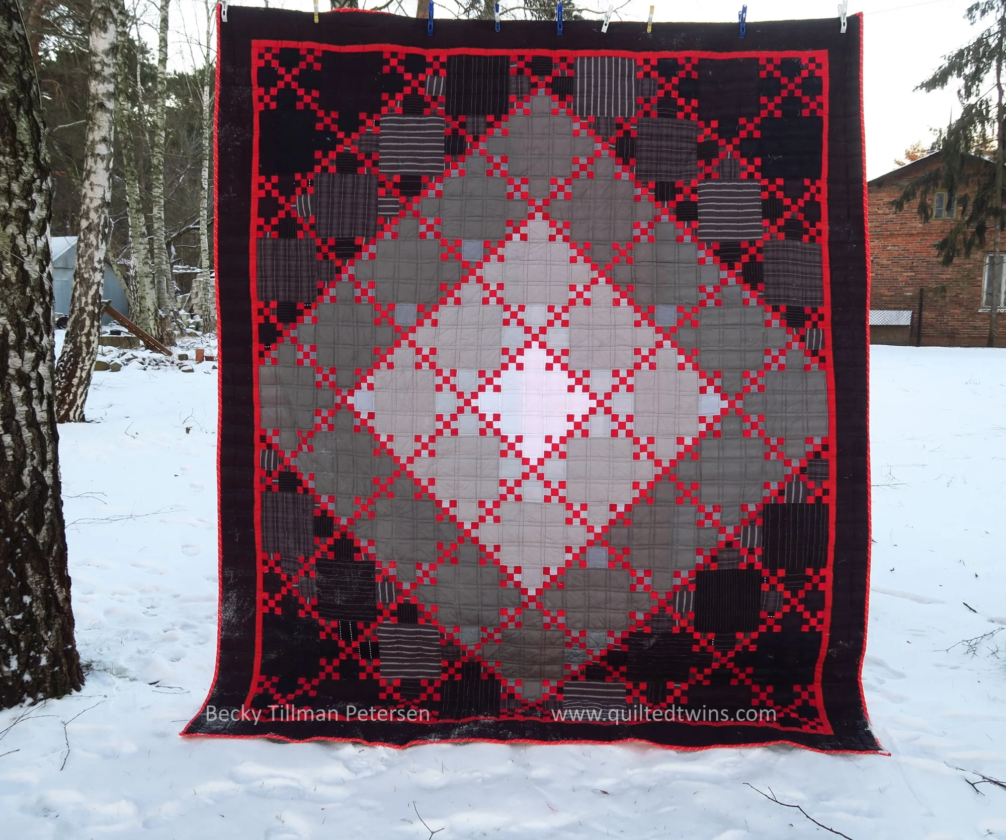 Design - classic double 9 patch Inspired by - wanting to make a 9 patch as part of a quilt along in a Facebook group I’m in - but not wanting a simple 9 patch. I was fascinated with the idea of gray, black, and red. Regrets - since I was using 100% upcycled fabrics for this, I used what I had. No regrets. People have told me it reminds them of their grandfather, dad, etc.