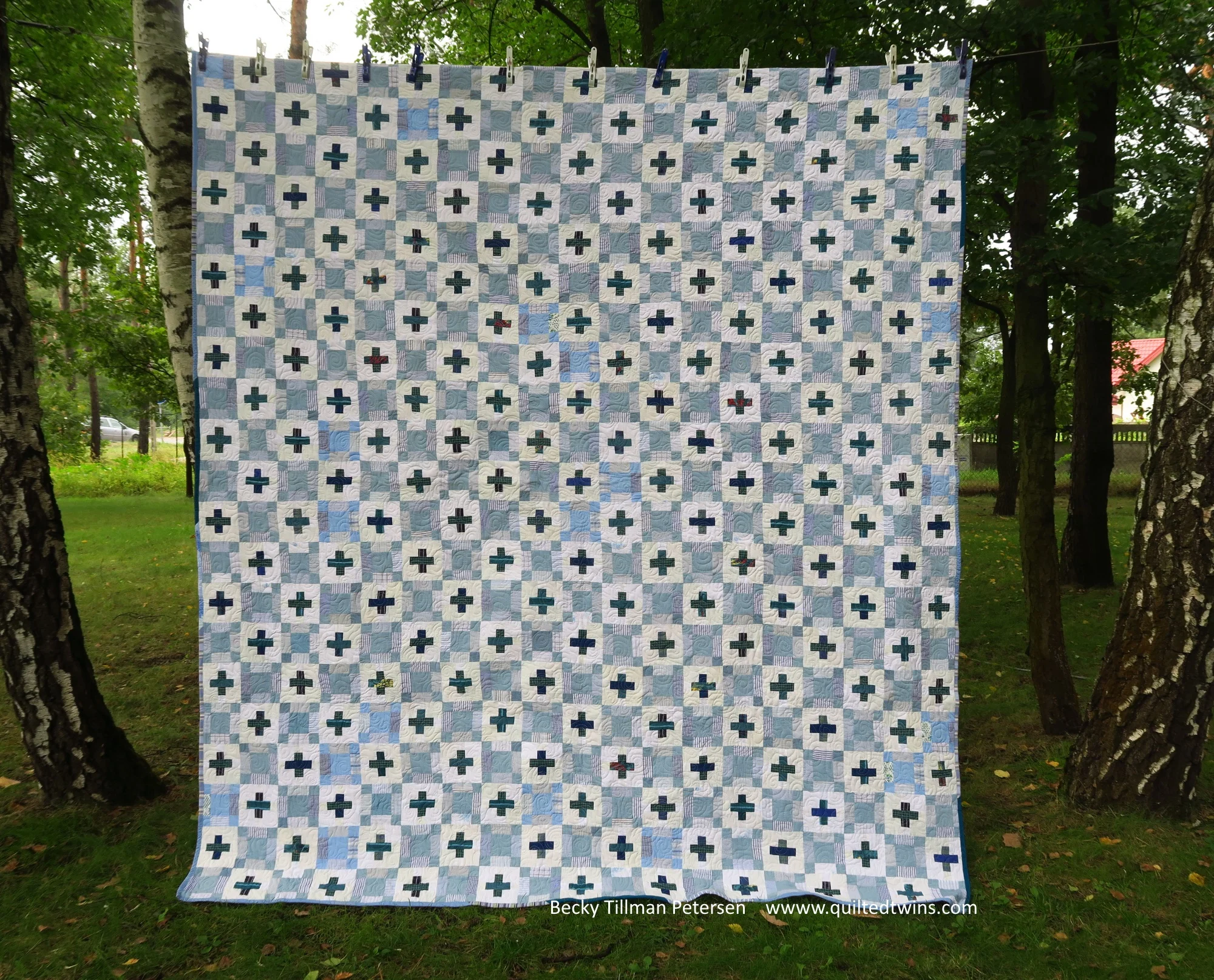 Design - a simple plus sign block and a chain block Inspired by - vintage wallpaper - made me think of something my Great Aunt Mary would have had in her house. I visited with my dad when I was about 10. Regrets - that I ran out of one of the fabrics and had to substitute another one for a few of the light blue blocks. But that’s how it is when you are using second hand fabrics. (This is part of my upcycled blues series).
