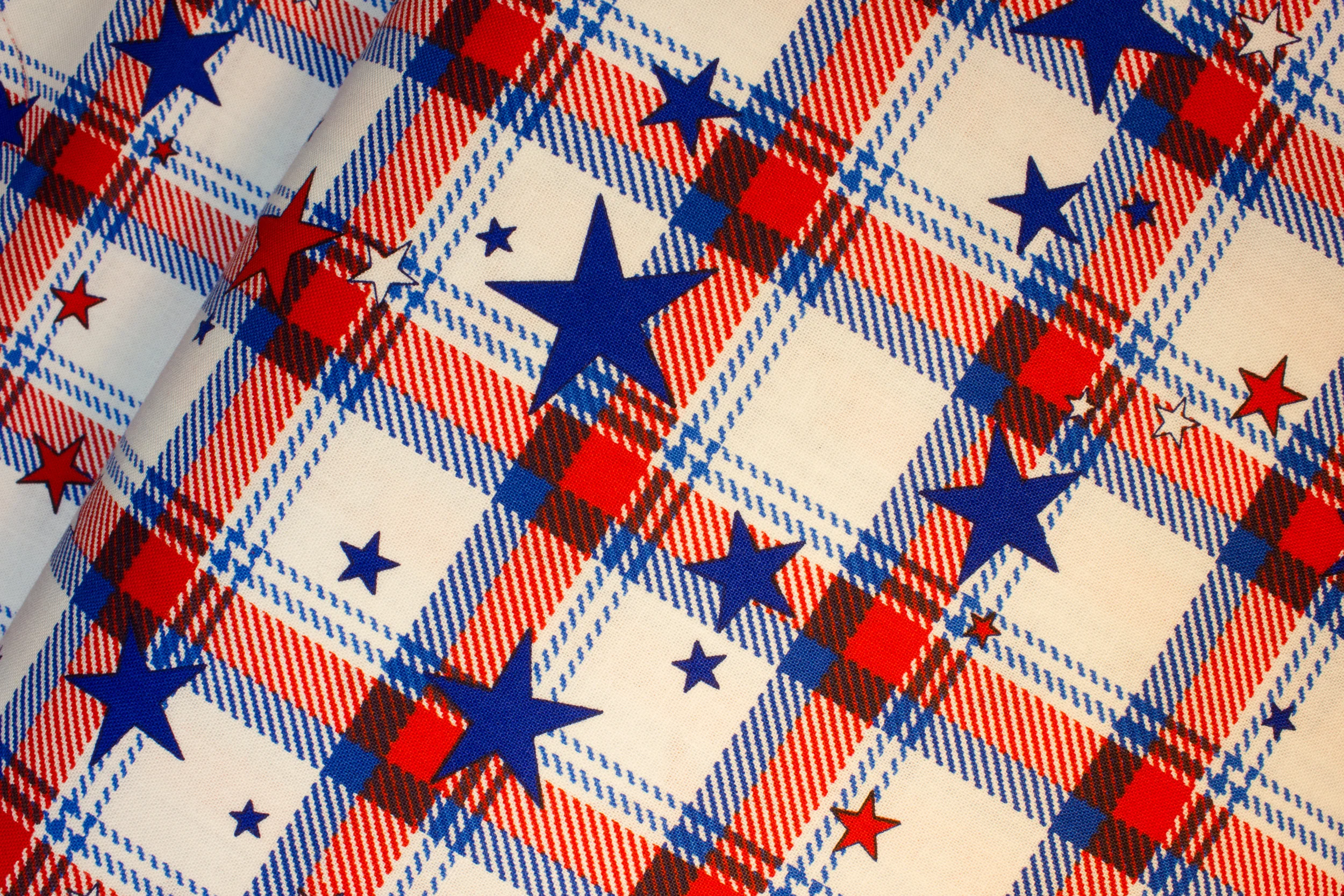 All American Plaid on White Patriotic - by Benartex