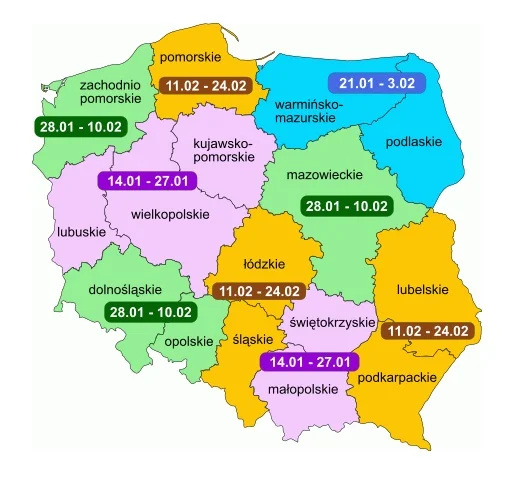 We live in the green section in the middle of the country that says “mazowieckie” and we have our winter break from Jan. 28-Feb. 10 this year. (of course my kids aren’t in school anymore, so it doesn’t really affect us so much!)