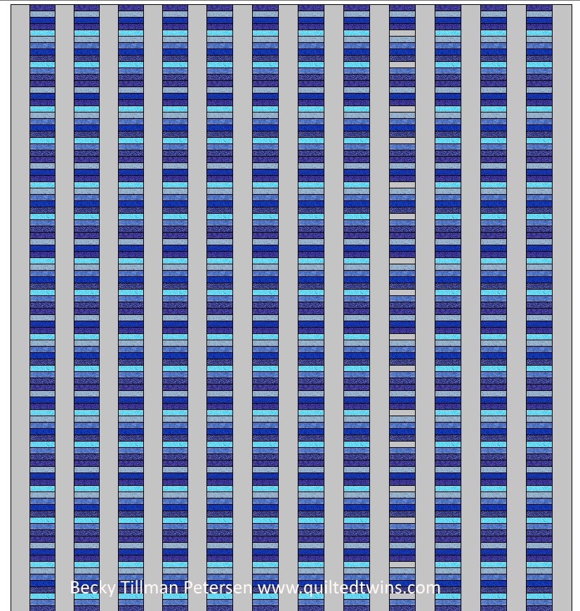 In summary - I needed 13 rows of gray sashing cut 3.5”x96.5” - I pieced them and then cut them to that length, plus my 12 long rows of 96 1.5”x4.5” strips.