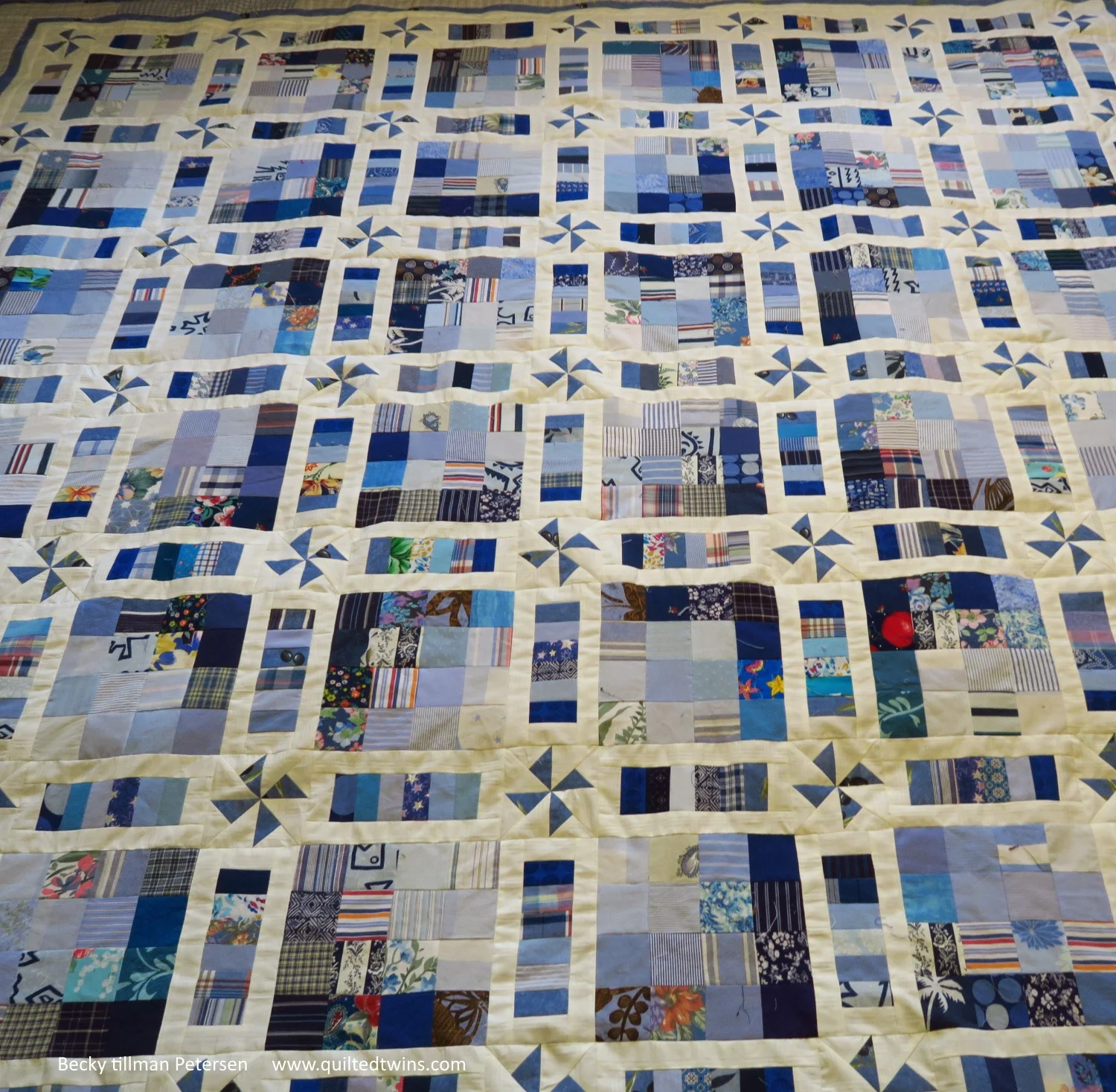 "Pinwheel Fantasy" - upcycled blues top #48 finished