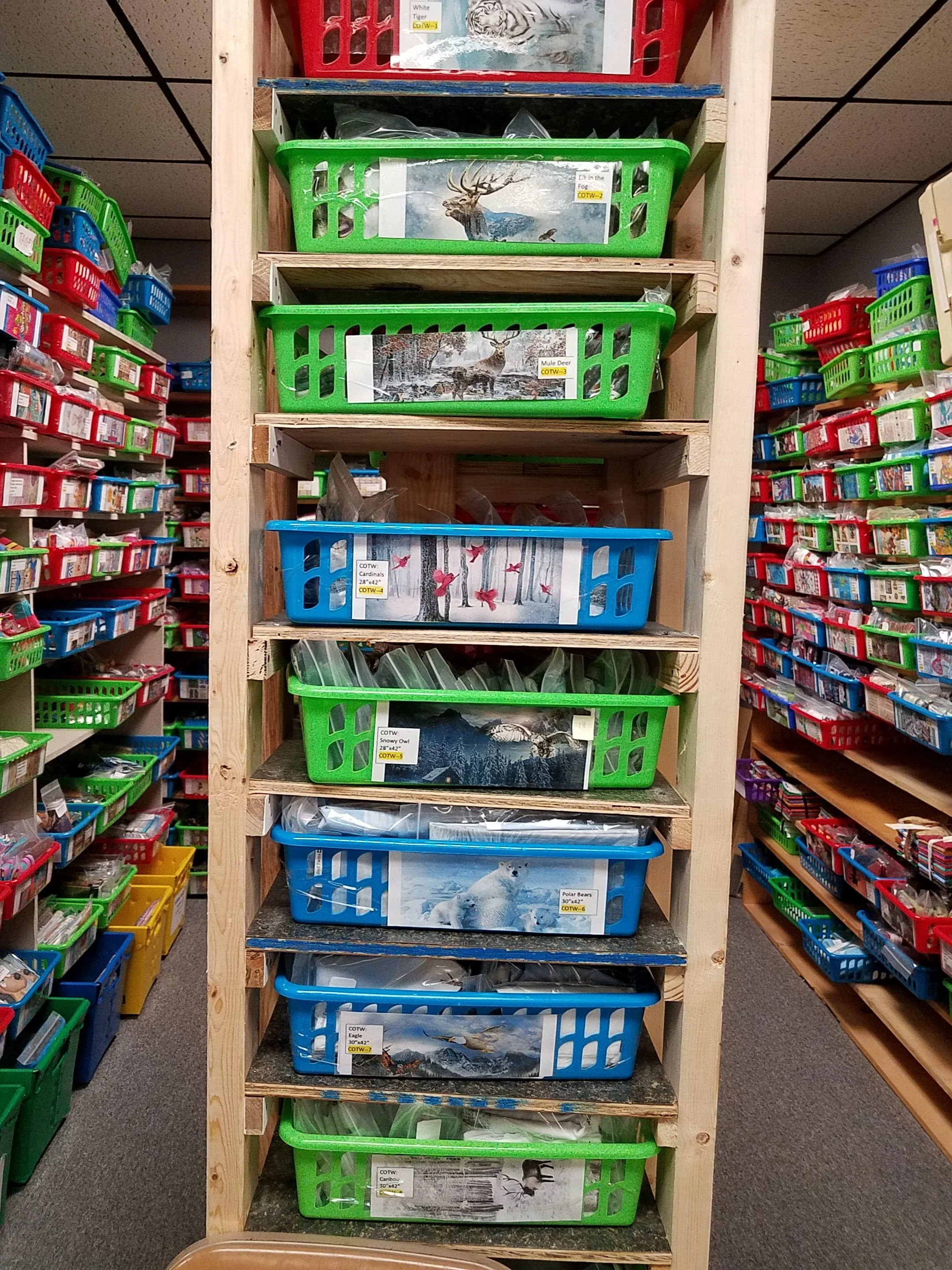 This is what a shelf of “ready to roll” Call of the WILD panels looks like when it’s ready for your orders! Cut, bagged and the tray is labeled with a color picture