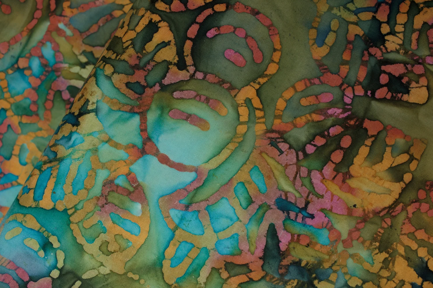 Greens and Blues with Gold, Red, and Green Dotted Leaves and Flowers: Quilter's Batiks