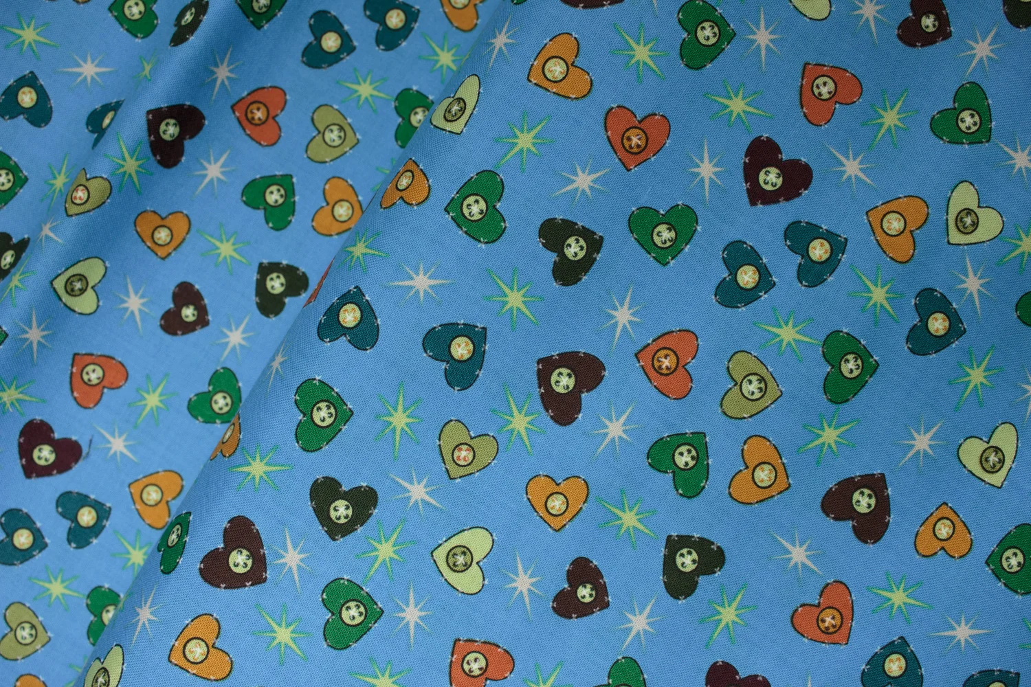 Blue with Green, Orange, Brown, and Red Heart Buttons: -The Gallery- Choice Fabrics