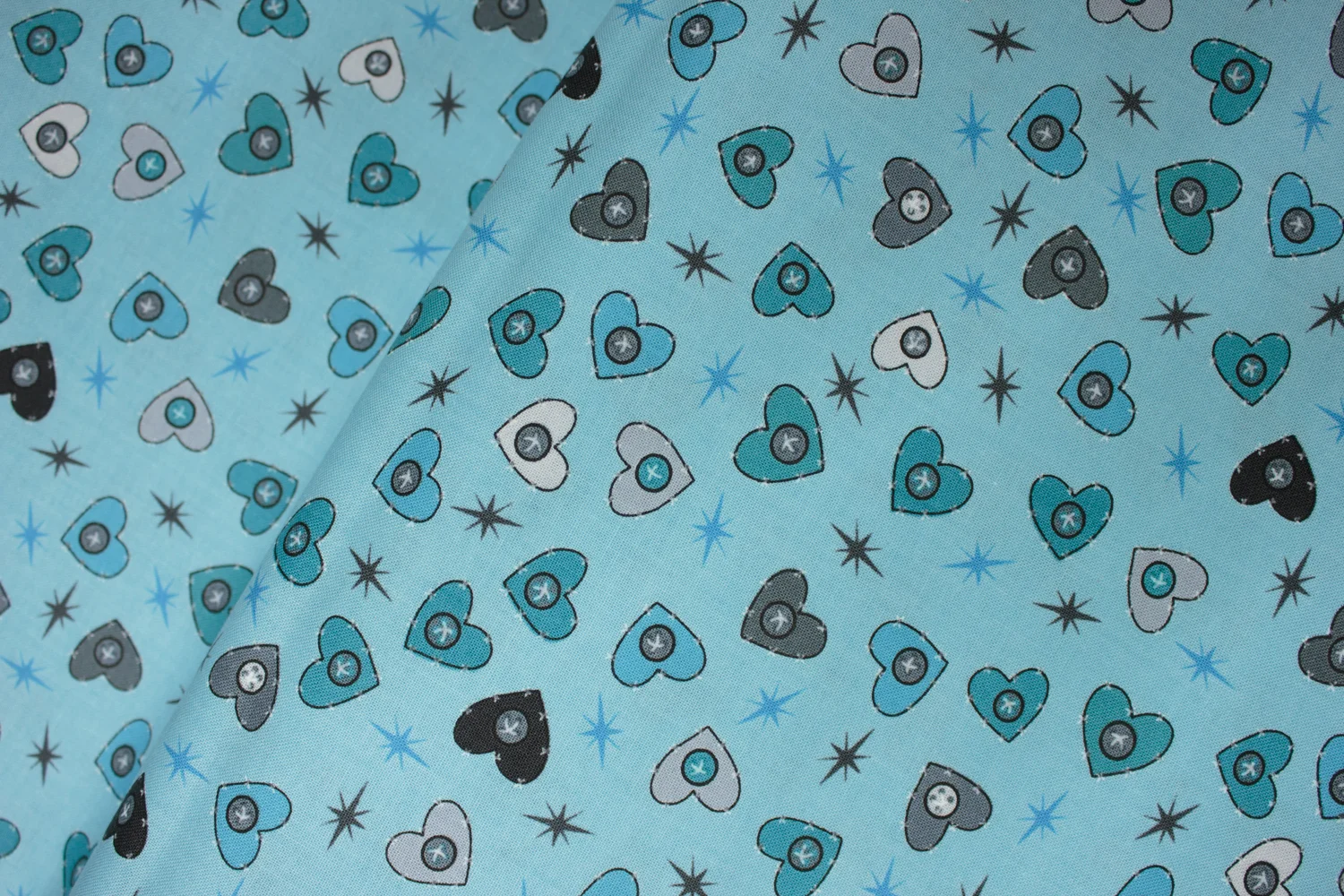 Light Blue with Teal, Blue, and Gray Heart Buttons: - Turtle Talk - The Gallery -  Choice Fabrics