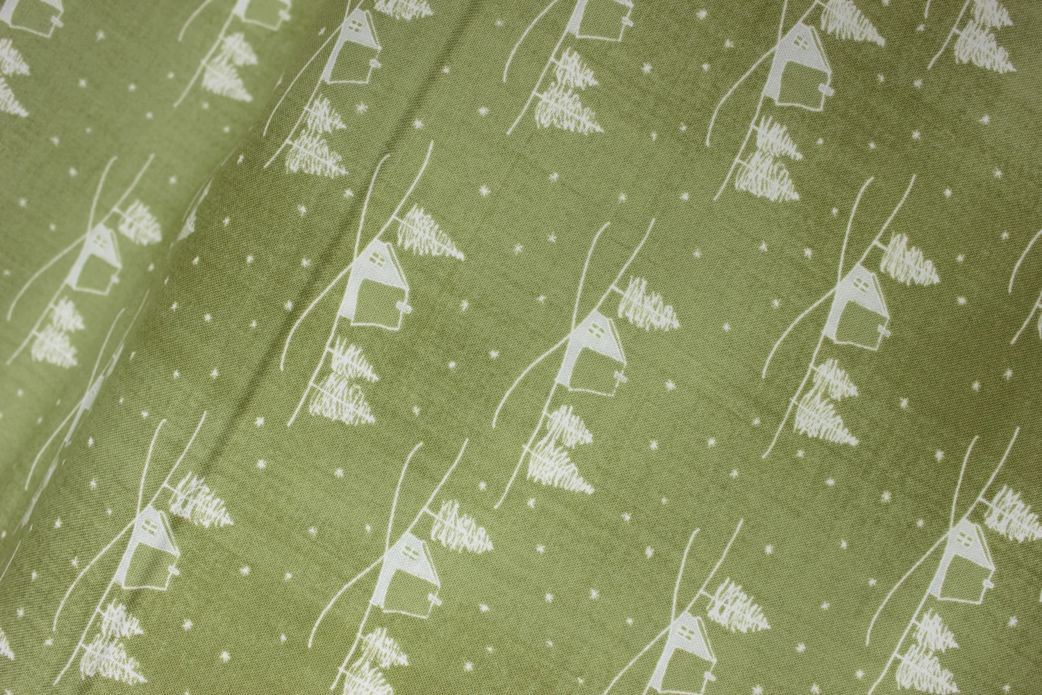 White Houses and Trees on Sage: Winteride by Janet Clare for Moda Fabrics