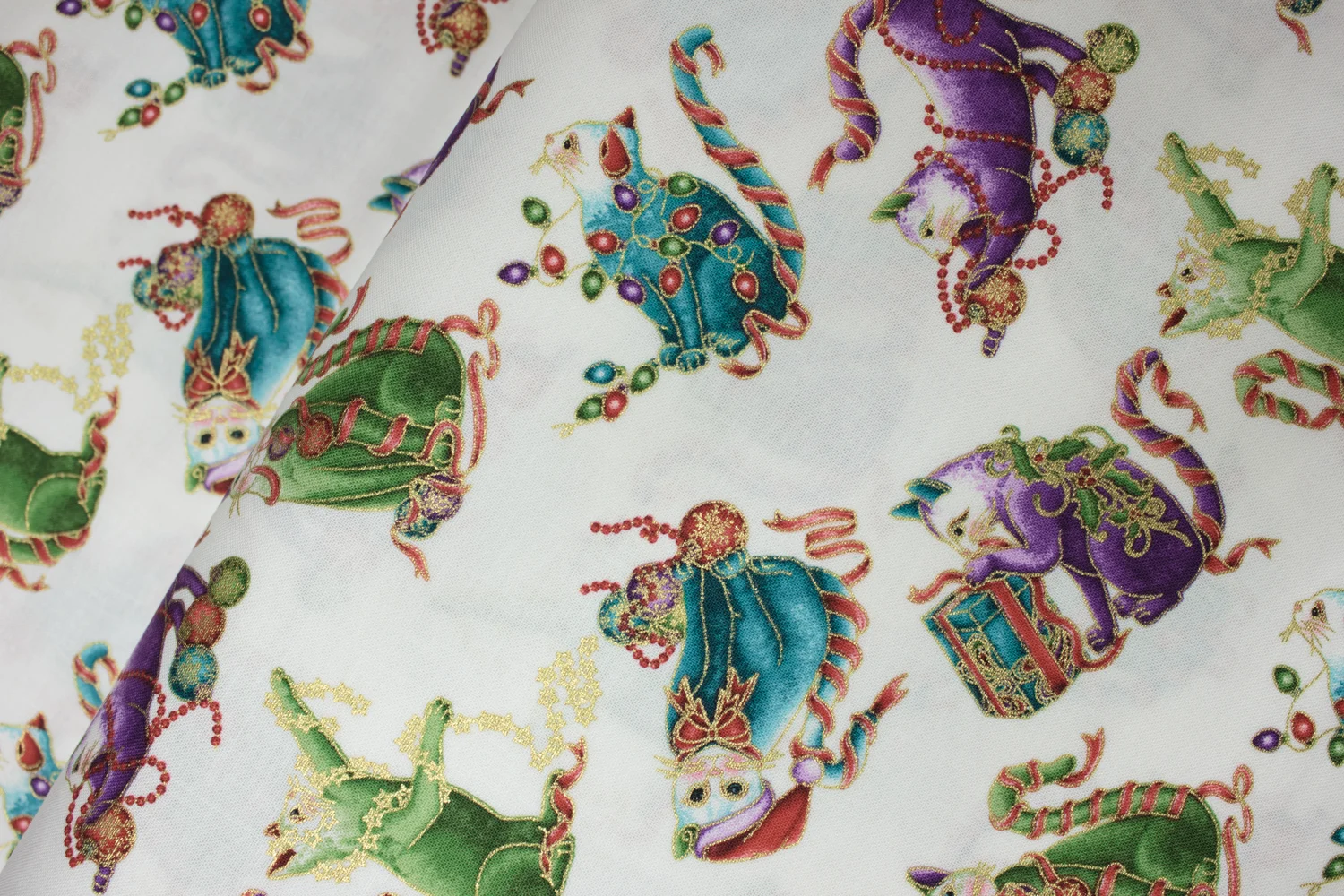 CAT-I-TUDE CHRISTMAS: Multi-Colored Miniature Playful Cats on White - by Ann Lauer for Benartex