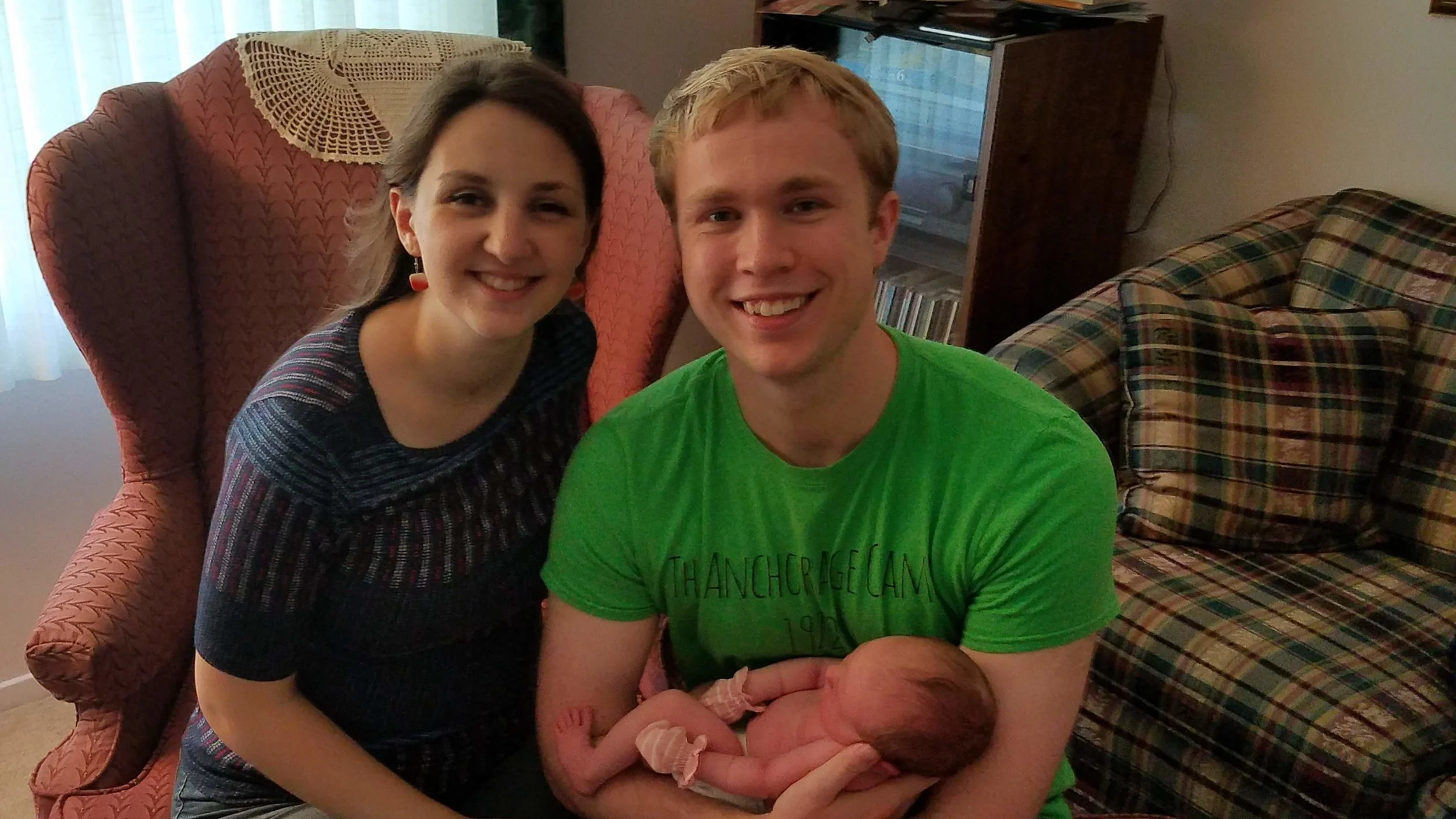 Here’s Steven and Alli a couple of days later. It was warm there and Chloe seems to like it that way. She was also scratching herself, so I bought her some handy little “mitts” to keep her from doing that. Steven’s hands are so big that he could practically hold her in one of his hands.