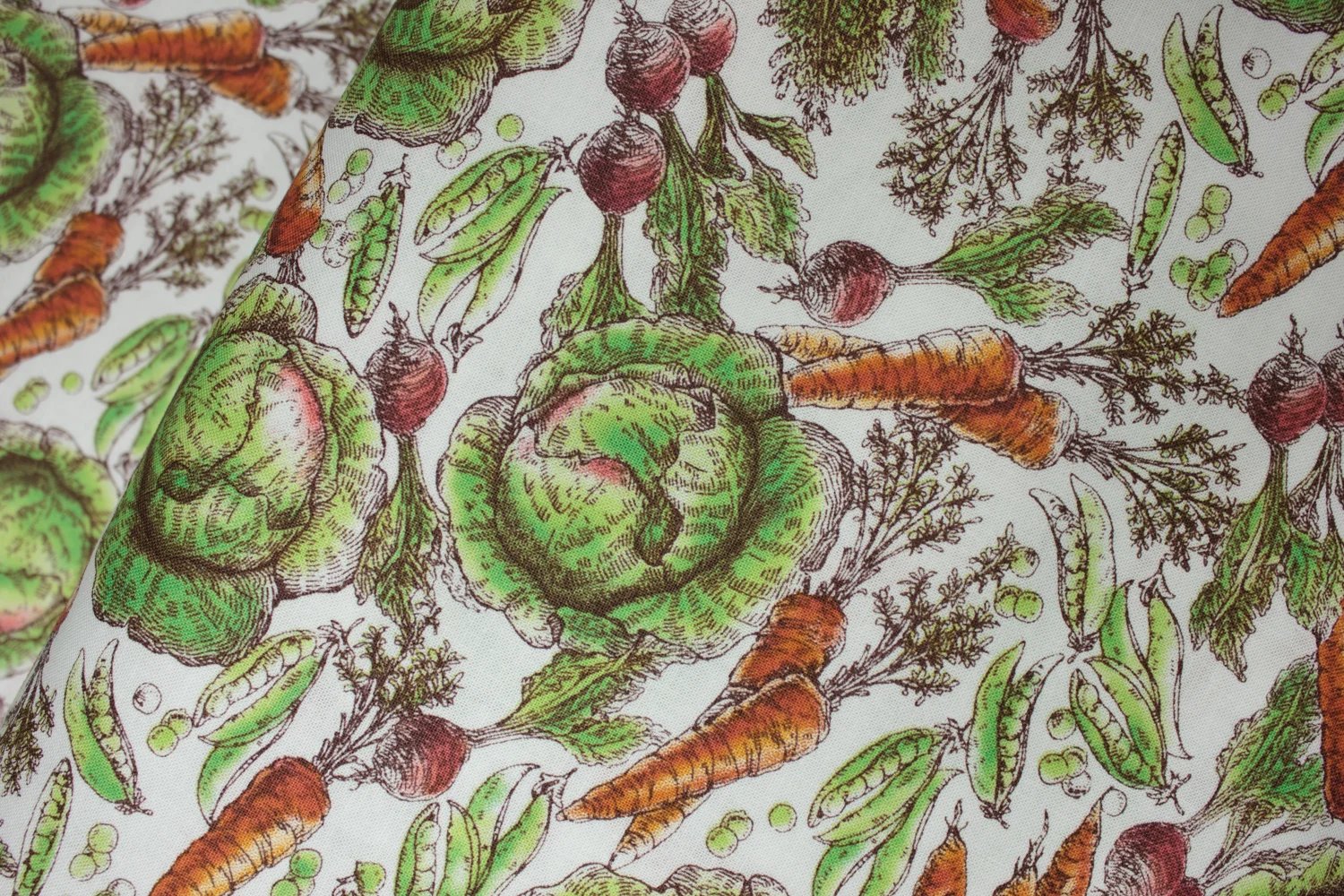 Lettuce, Carrots, Radishes, and Peas on White: Market Place by Sue Schlabach for Windham Fabrics