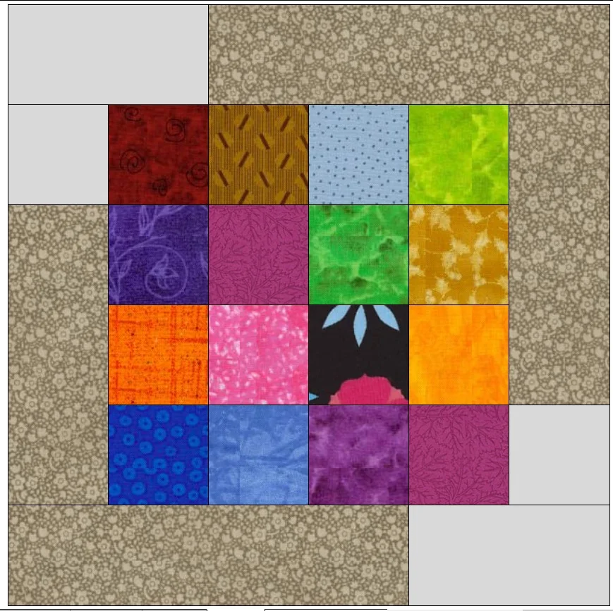 I first made a 16 patch using 2” squares which makes a 6.5”x6.5” block. Then I added the lighter gray and black to the sides and edges as shown. It’s just as if you are making a double shadow block. The measurements were all based on the 2” strip.