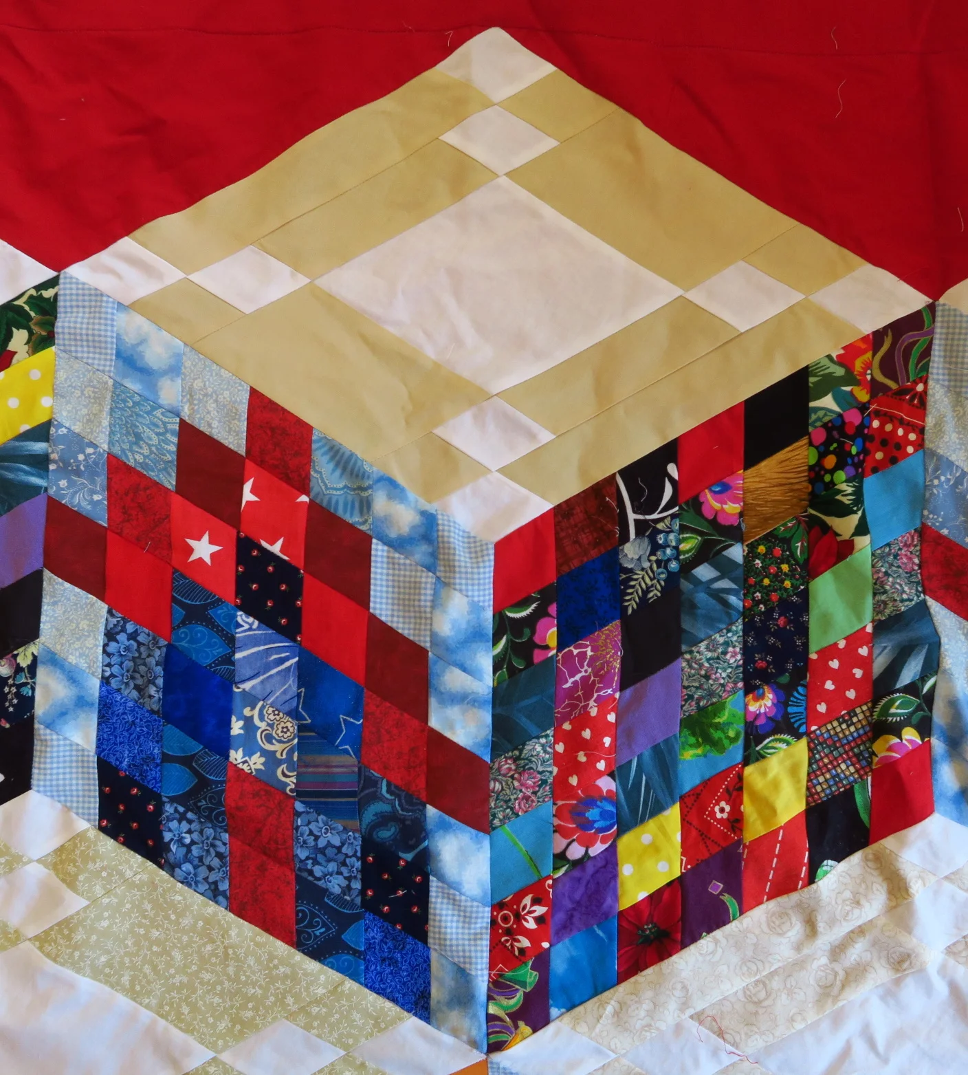 "Scrappy Tumbling Block Houses"  - top #71 finished with 2" strips and squares