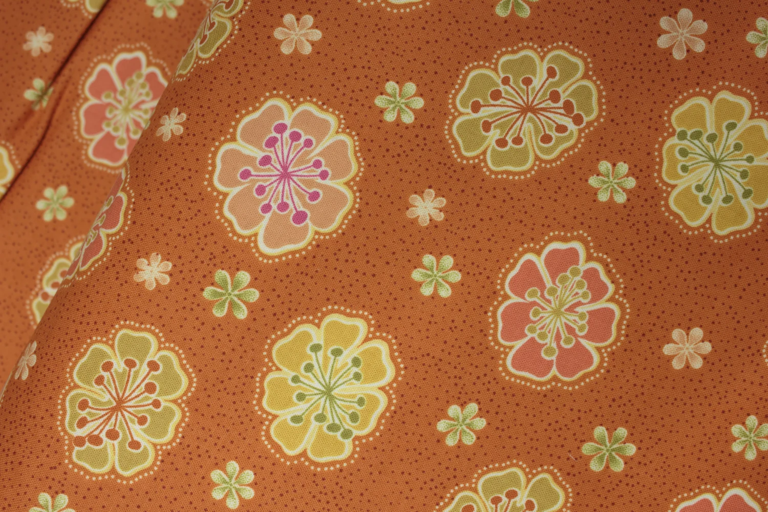 Flowers in Coral, Gold, and Peach on Orange: Willow for Ink and Arrow Fabrics