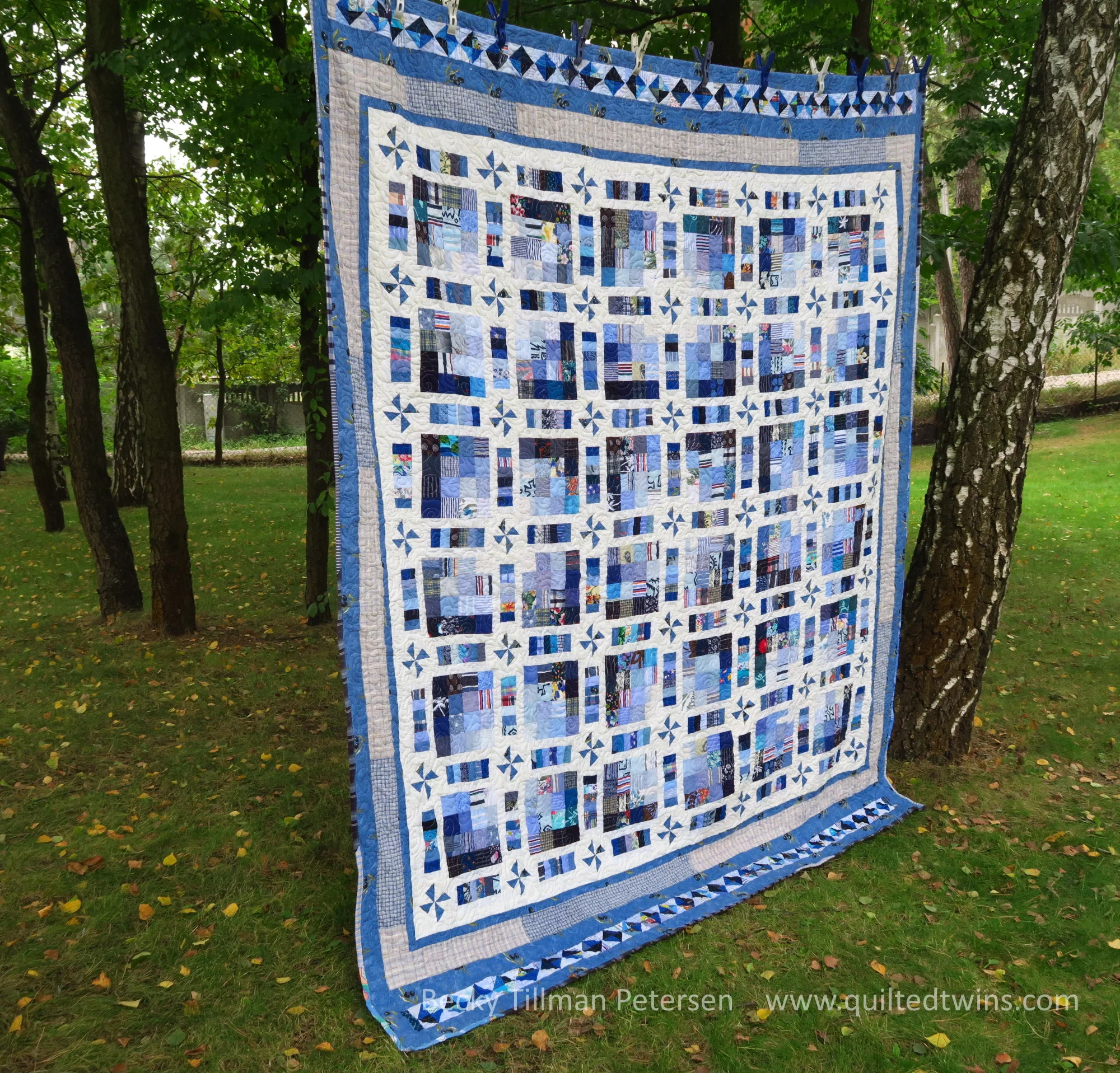 "Pinwheel Fantasy" - Upcycled Blues #48 quilt finished