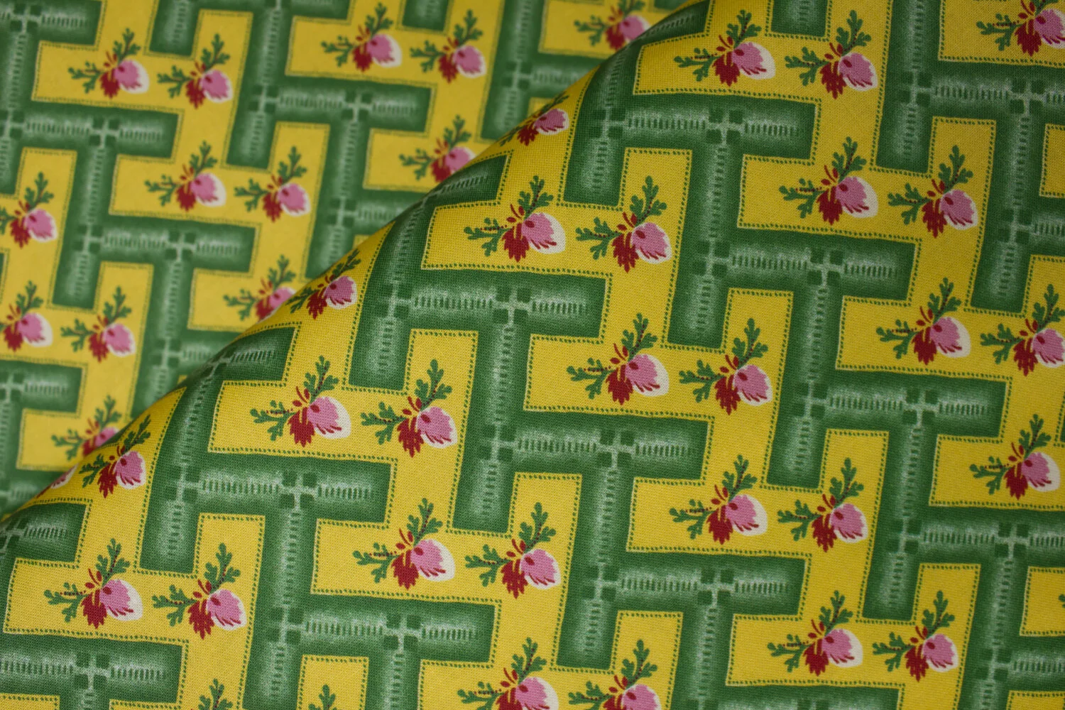 Gold and Green Zig Zag with Pink and Red Flowers: Dargate Jellies 1830's Reproduction Washington Street Studio (Copy)