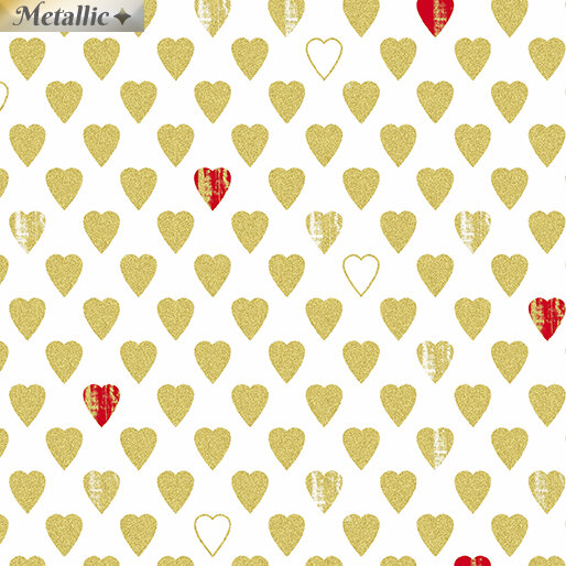 White with Gold Metallic and Red Hearts: Cherish for Benartex