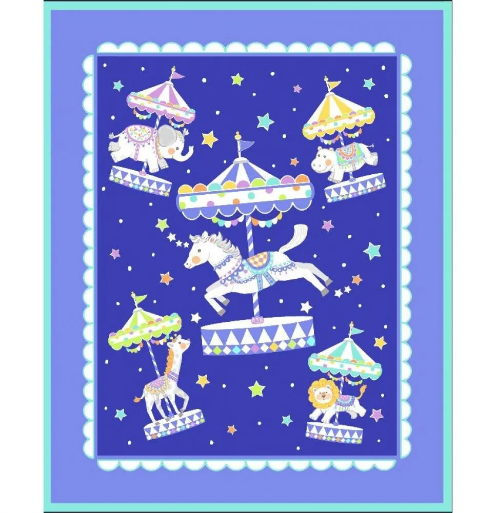 Carousel on Blue Pre-Quilted Baby Panel Kit - Panel Plus Binding
