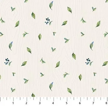 Green Leaves and Small Blue Berry Springs on White Washed Wood Texture: Watch Me Grow by Northcott $6.99/yd