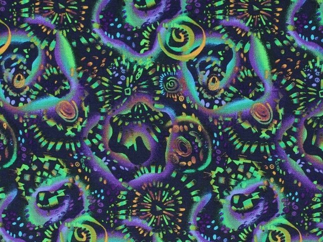 Lime and Purple Abstract Swirls and Colorbursts on Navy: Choice Fabrics  $6.99/yd